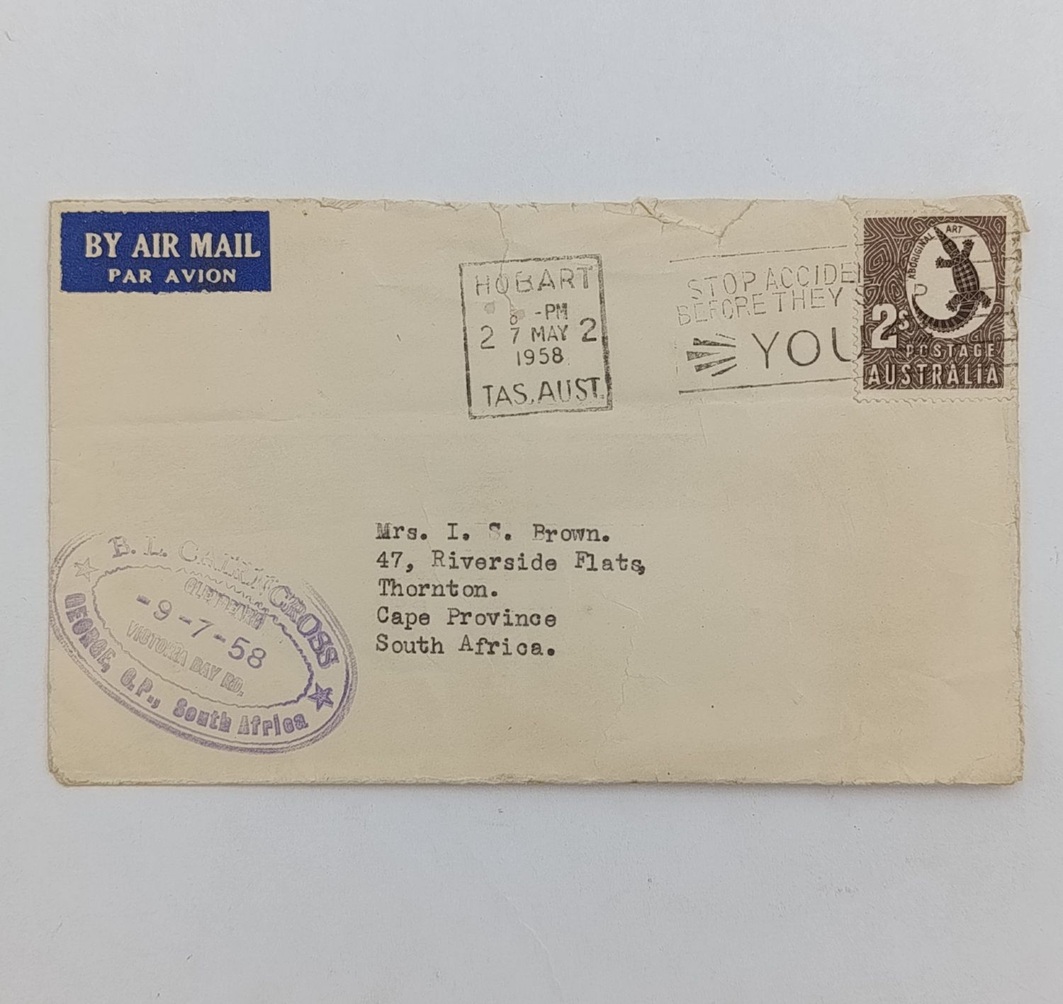 Postal History 1958 letter from Hobart, Australia to Thornton, South Africa with Airmail tag and Private rubber cancellation - 2 shilling Australia stamp