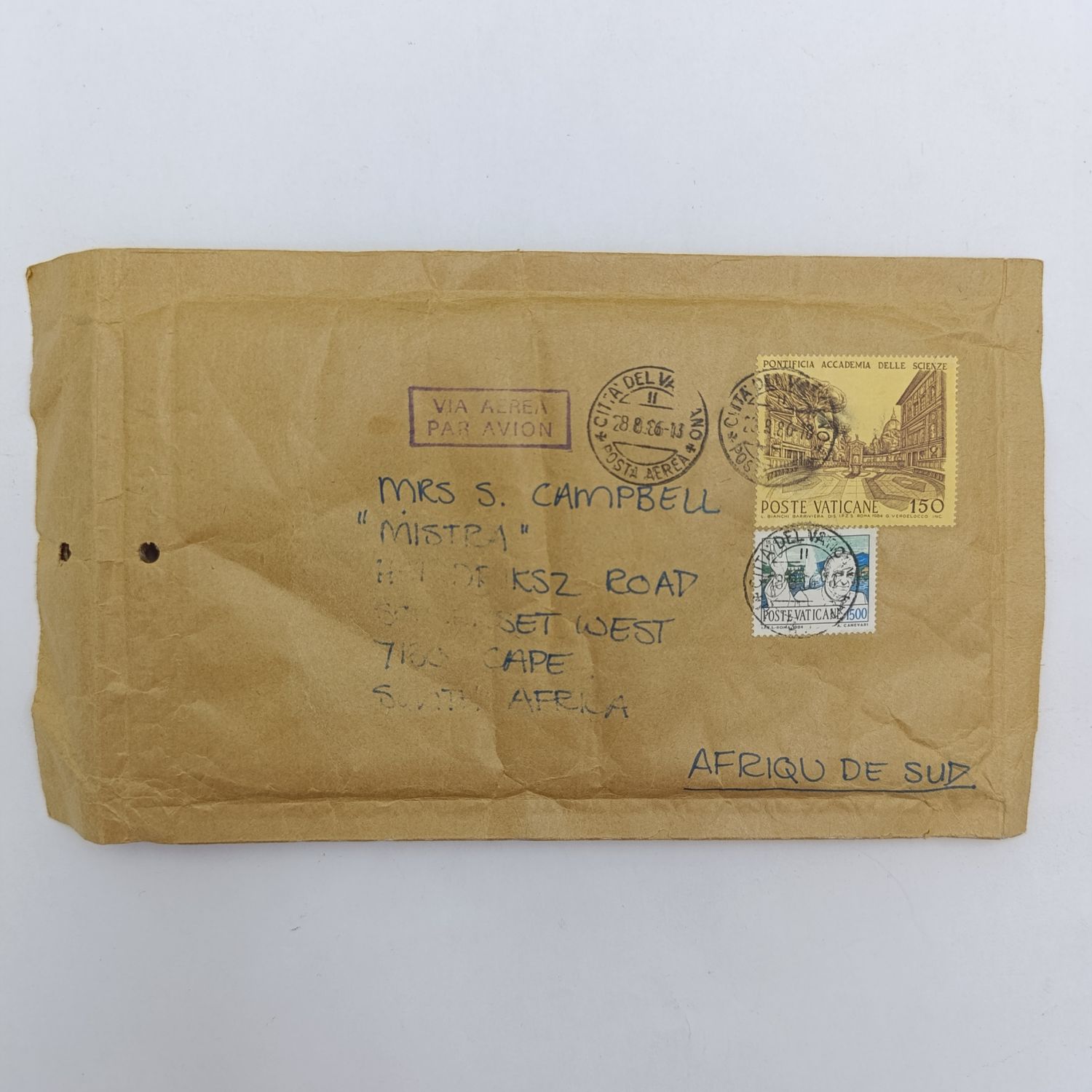 Vatican City postal cover to Somerset West South Africa 28 August 1986 cancellations - Airmail Rubber Stamp and 2 Vatican City stamps