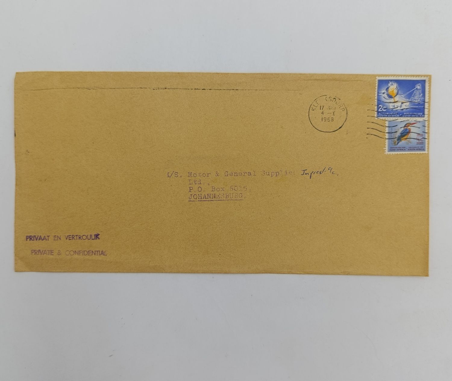 1968 Letter from Klerksdorp to Johannesburg on Barclays Bank Stationery with &quot;Privaat en Vertroulik&quot; and &quot;Private and confidential&quot; rubber stamps - 2 South African stamps