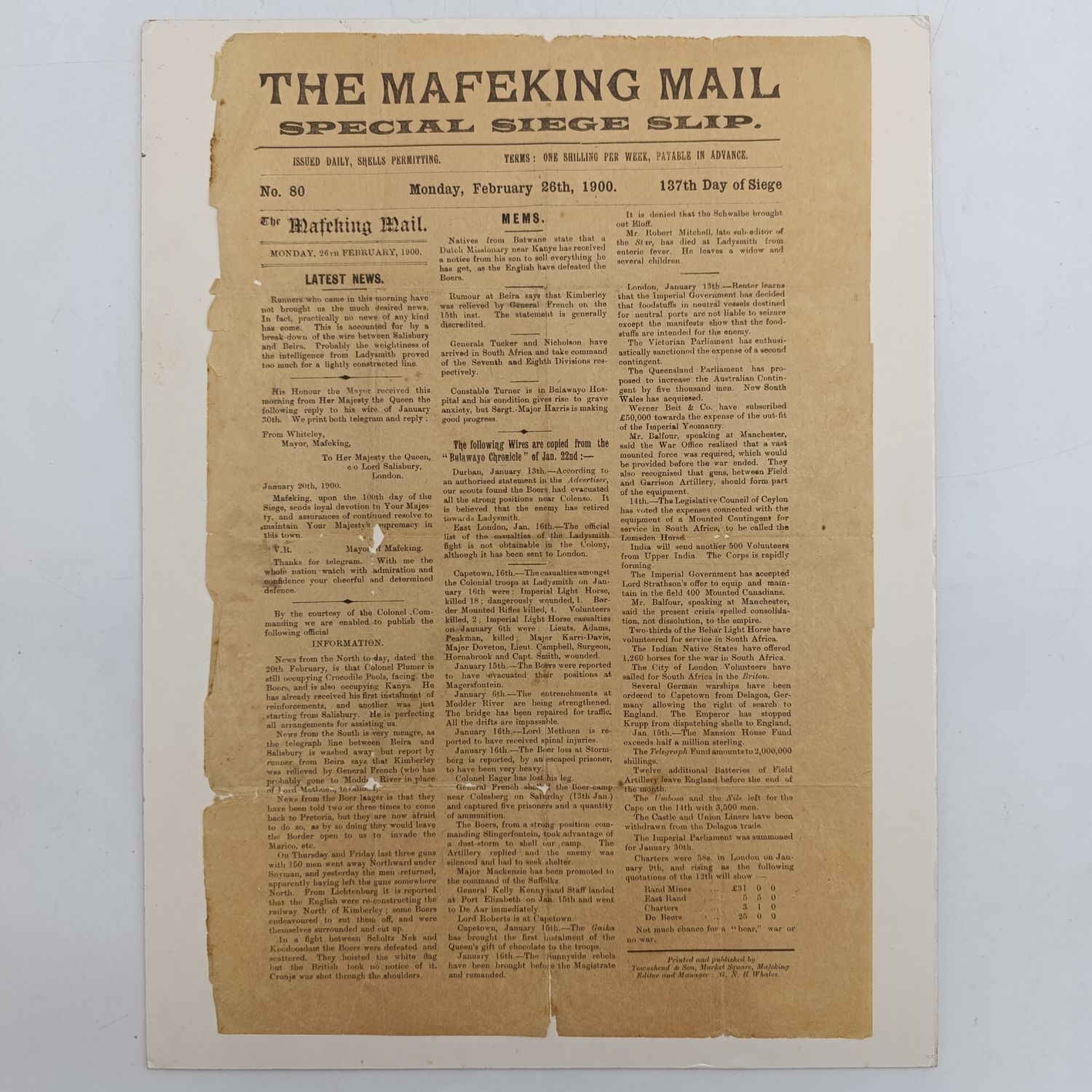 The Mafeking Mail special siege slip dated Friday 22 December 1899 Original