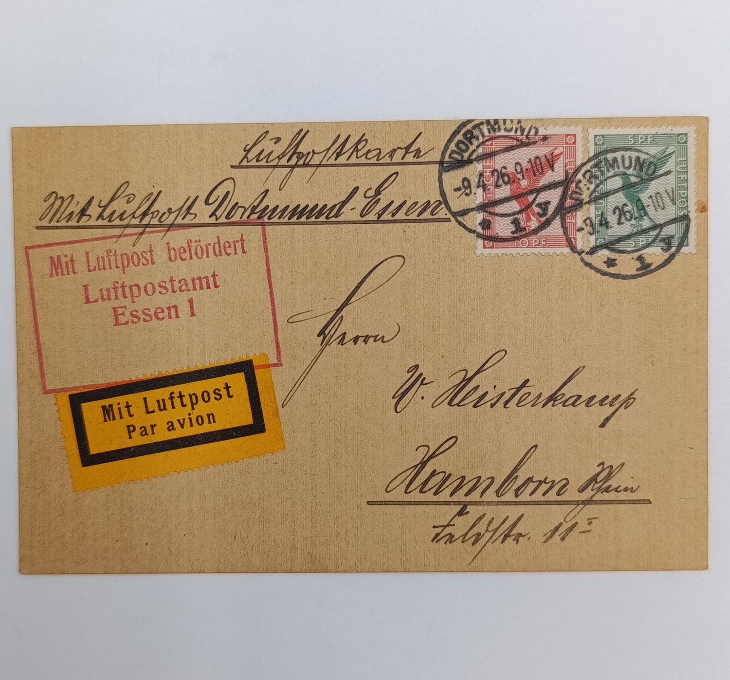 German airmail card flown from Dortmund to Hamborn 9 April 1926 - 2 German airmail stamps with Dortmund cancellation - Orange airmail label and airmail cachet - scarce local German flight