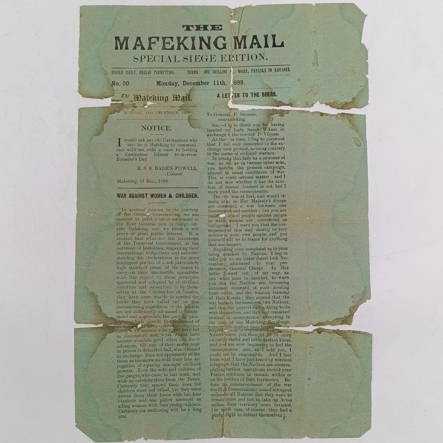 Original copy of The Mafeking Mail special siege edition dated Monday December 11th 1899, a letter to the Boers