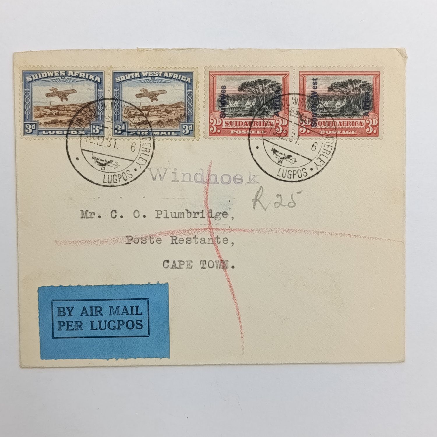 Airmail cover flown Windhoek South West Africa to Cape Town South Africa (19 December 1931 to 21 December 1931) with blue airmail label