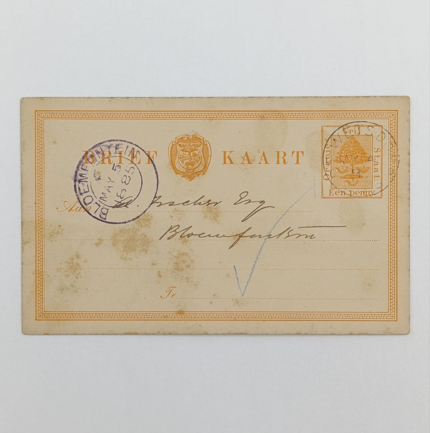 Pre printed Freestate postcard from Dewetsdorp to Bloemfontein with 1885 violet Bloemfontein postmark