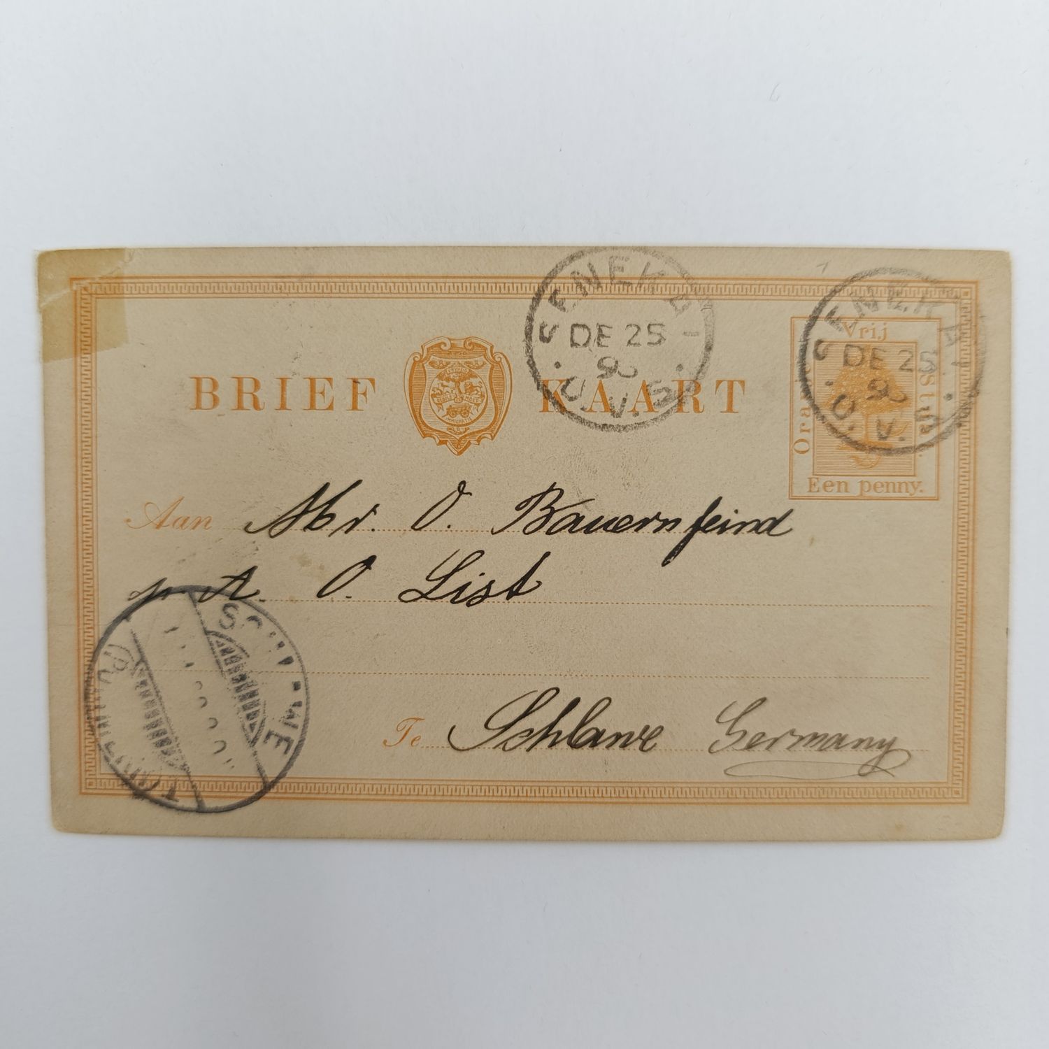 Letter card from Senekal, Freestate to Germany - Posted on Christmas day 1896 - unusual. One corner torn