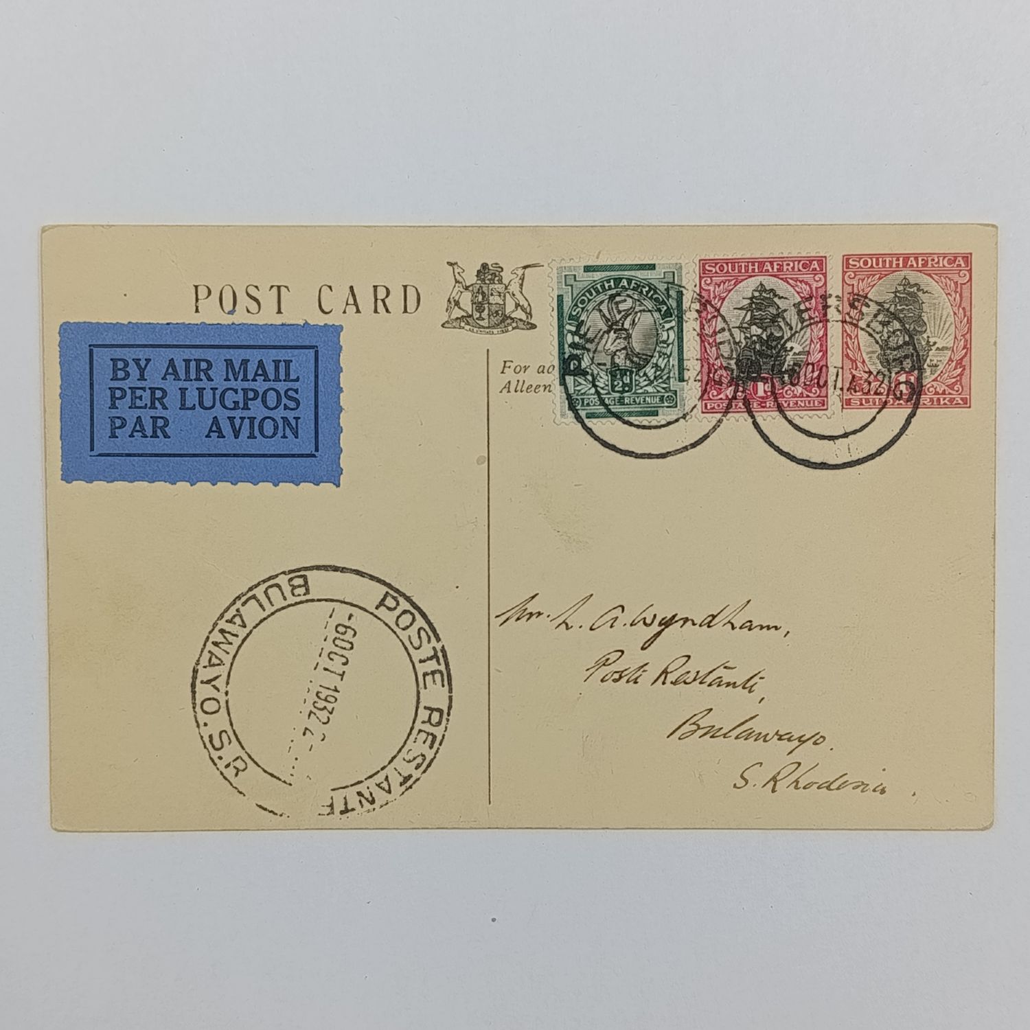Airmail postcard Pietersburg, South Africa to Bulawayo, Southern Rhodesia posted 6 October 1932 - blue airmail label on pictureless postcard