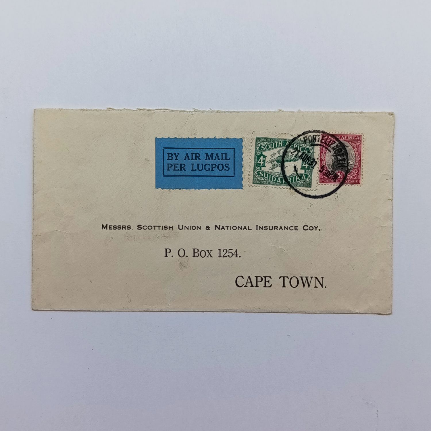 Airmail Cover Port Elizabeth to Cape Town South Africa stamps cancelled 21 Aug 1930 and blue airmail