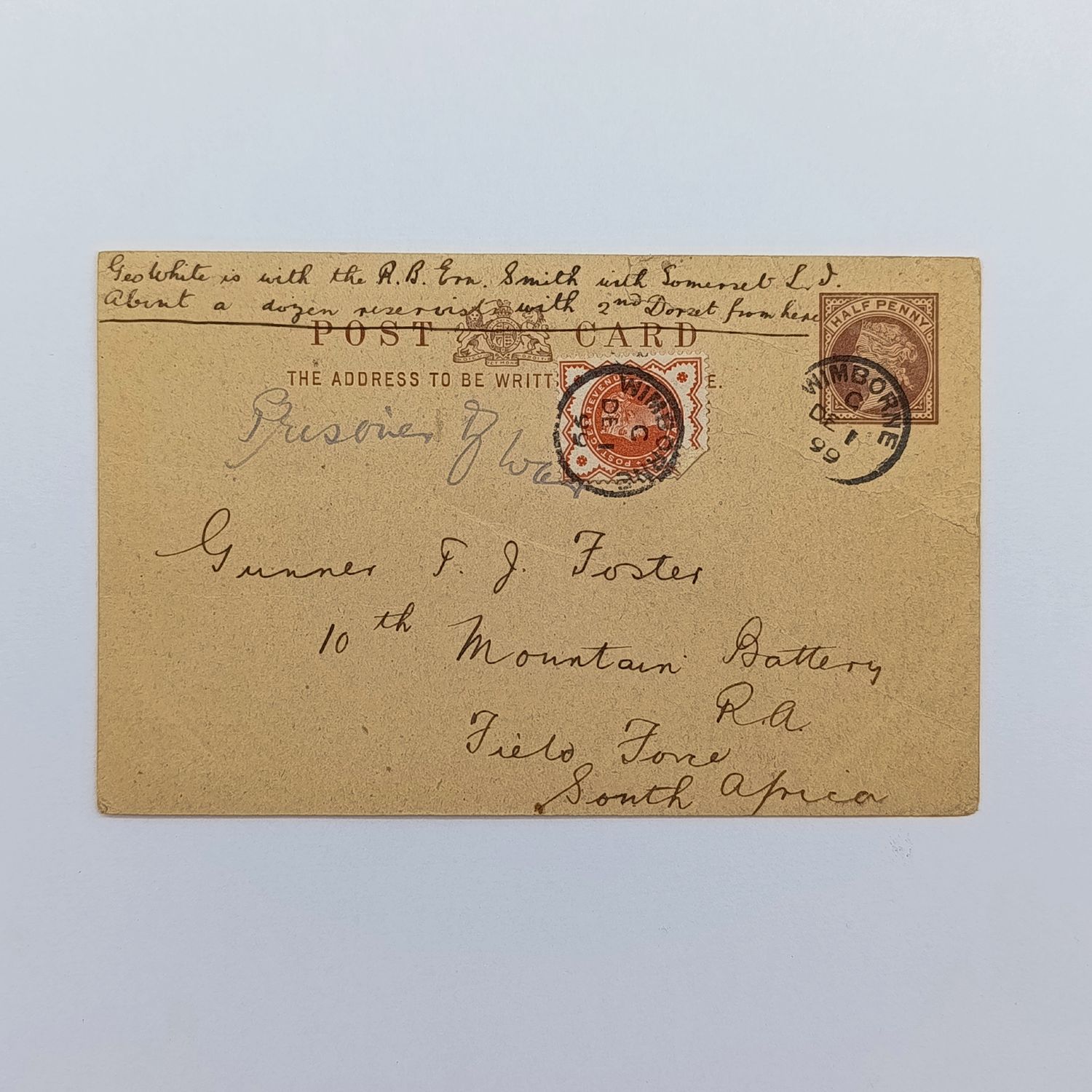 Postal history 1 December 1899 postcard to British P.O.W from Wimborne England - rare with extra stamp and pencilled Prisoner of War