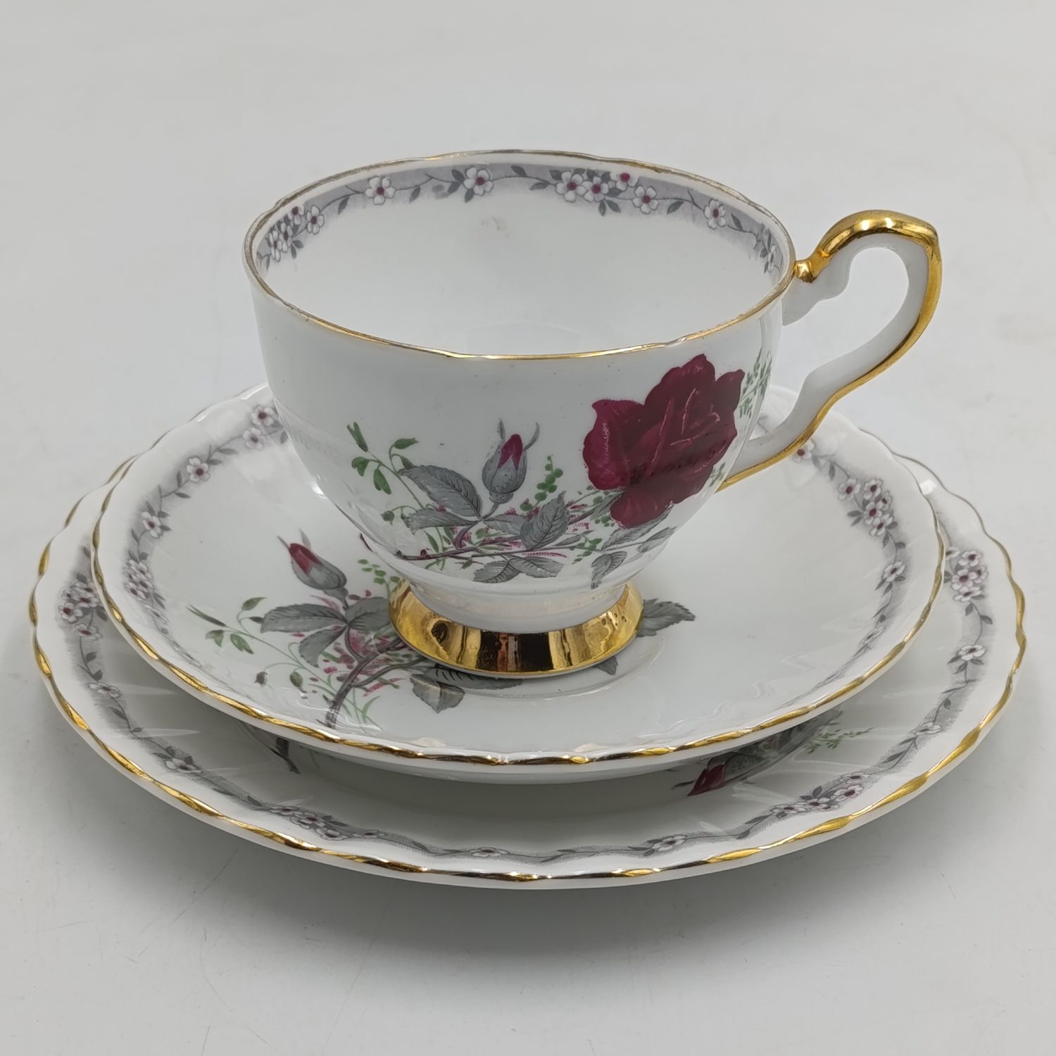 Vintage Royal Stafford &quot;Roses to Remember&quot; pattern porcelain trio
