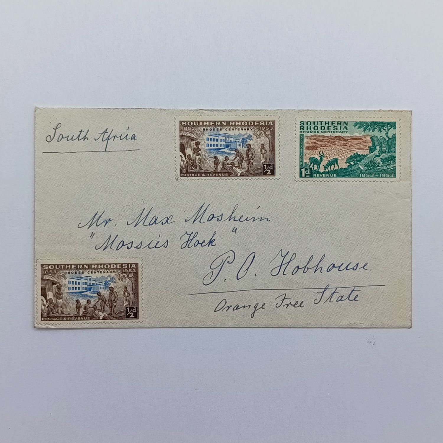 Postal History Salisbury Southern Rhodesia to Hobhouse, Free State with 3 Southern Rhodesia stamps but no cancellation - backstamped Hobhouse 31 August 1953