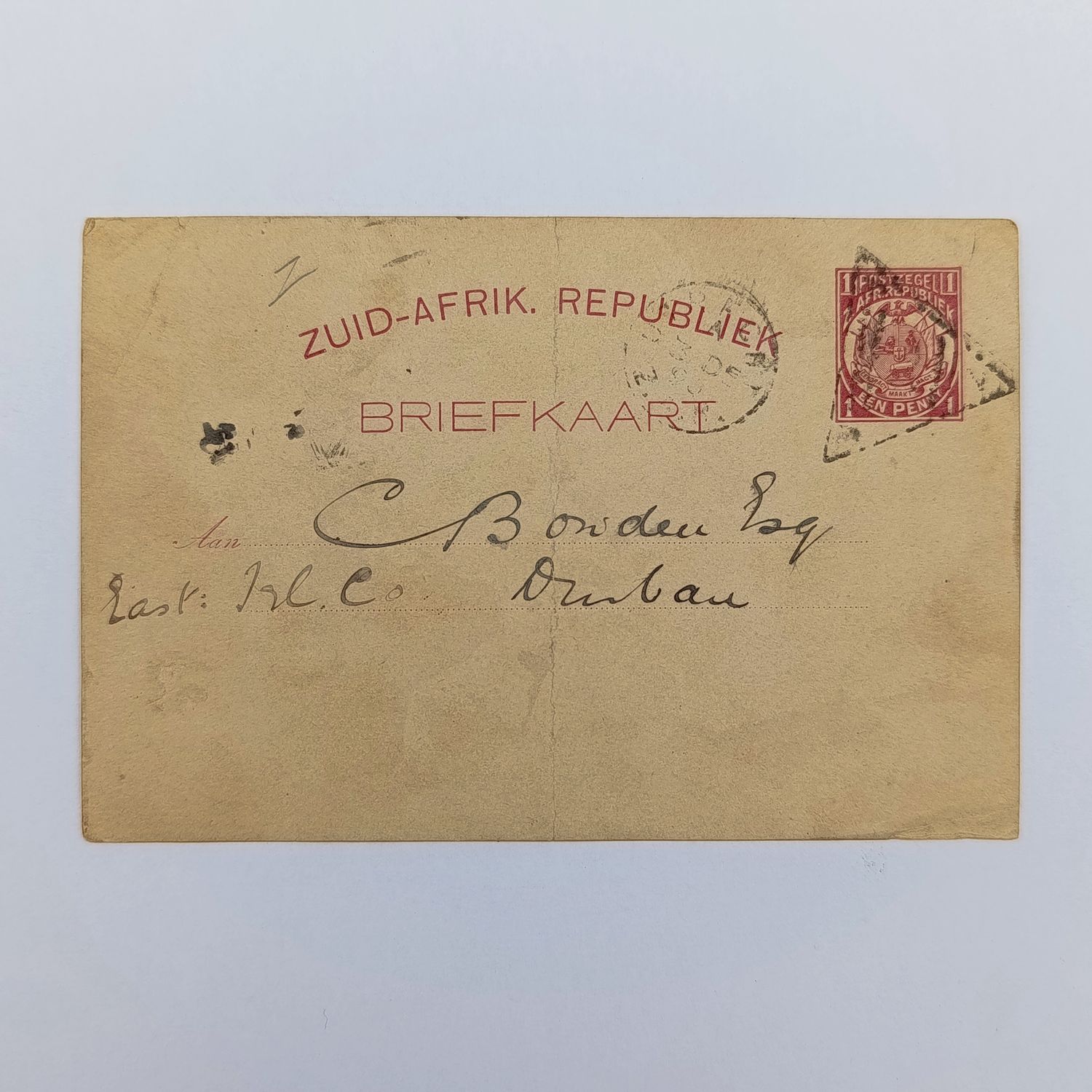 ZAR Briefkaart Utrecht to Durban, Natal 1890 with triangular Utrecht cancellation