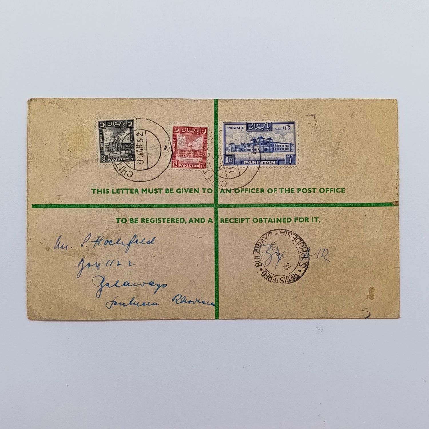 Registered airmail cover from Chittagong Pakistan toBulawayo Southern Rhodesia with 3 Pakistan stamps on the front and 4 Pakistan stamps cancelled on 8 Jan 1952 on the back of a pre-printed cover