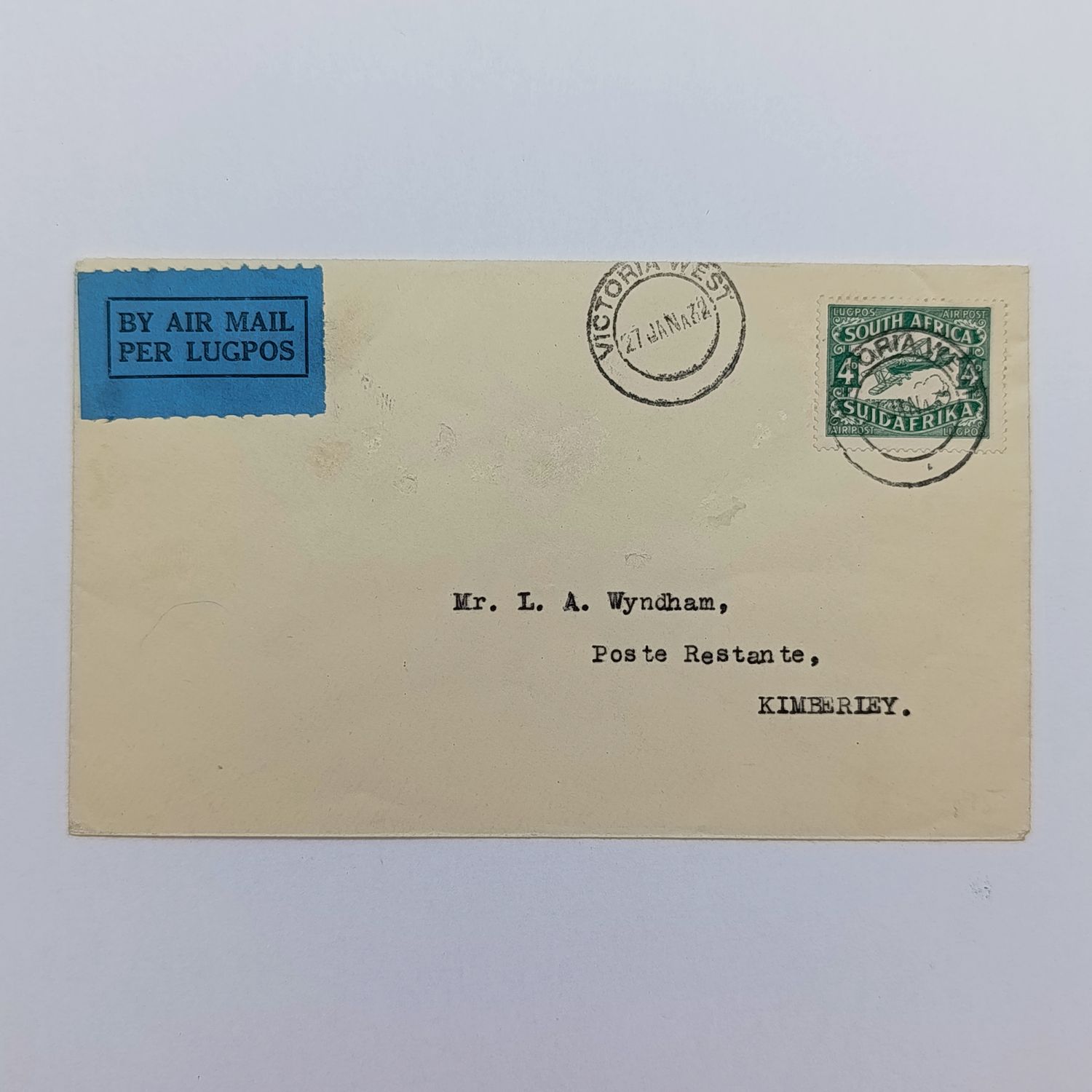 Airmail cover Victoria-West to Kimberley with Victoria West 27 - Jan 1932 cancellation and blue Air Mail label and SACC 40 stamp backstamped Kimberley 27 Jan 1932 - Flown on Windhoek