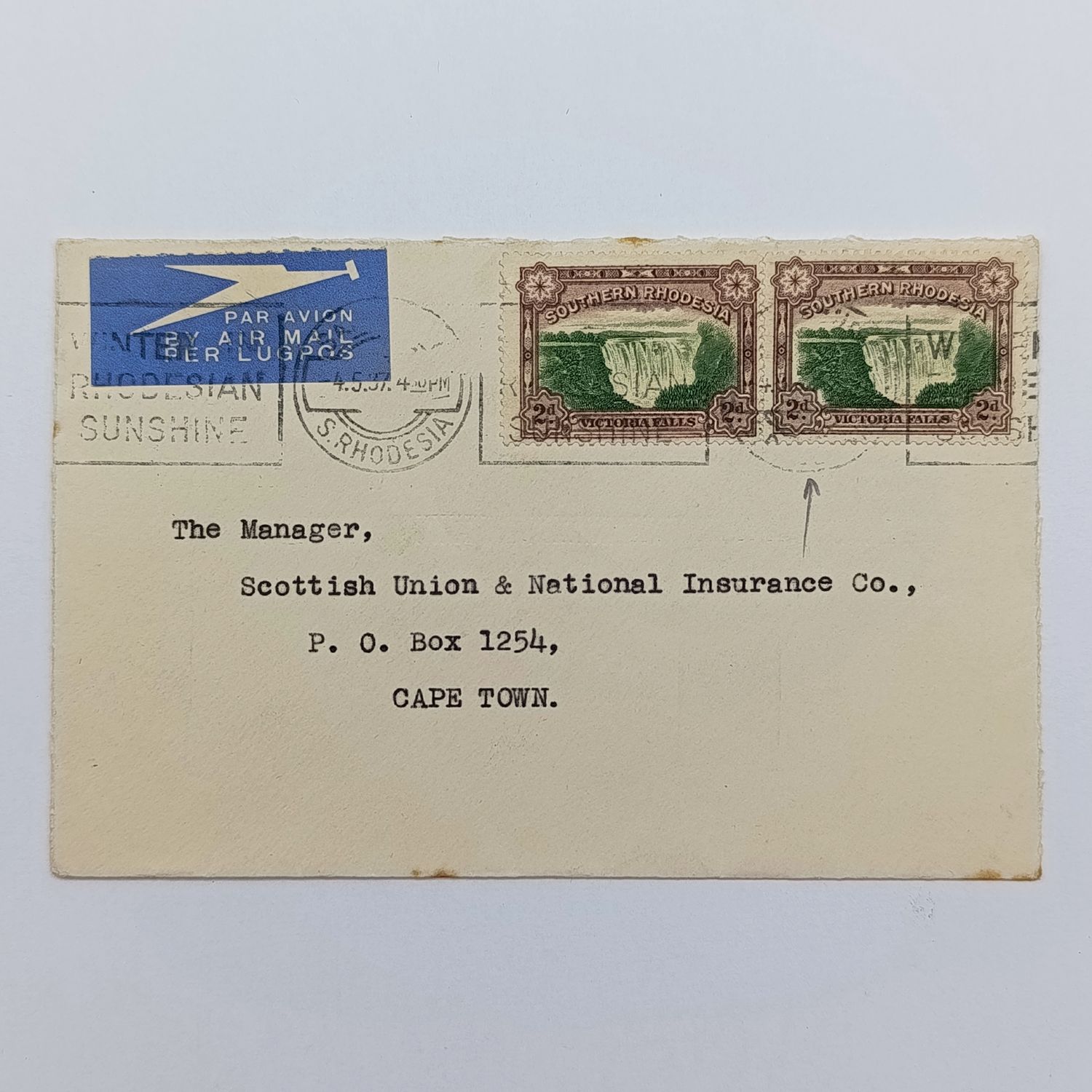 Postal Cover with pair of Southern Rhodesia Victoria Falls 2d stamps with shifted center on right hand side stamp cancelled 4/5/37