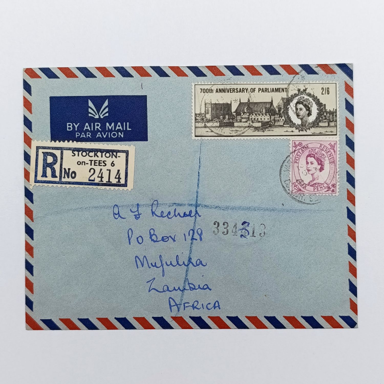 Postal History Registered airmail cover Canada to Zambia 1966 backstamped Mufulira &amp; Ndala with 2 Canadian stamps