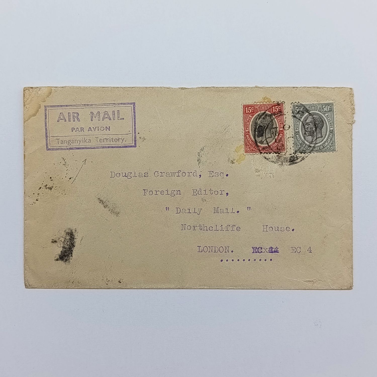 Airmail Cover from Arusha Tanganyika to London United Kingdom with SG 95 and SG 100 stamps and unclear 1933 cancellation on front and Moshi back - Scarce Tanganyika Territory Air mail rubber stamp