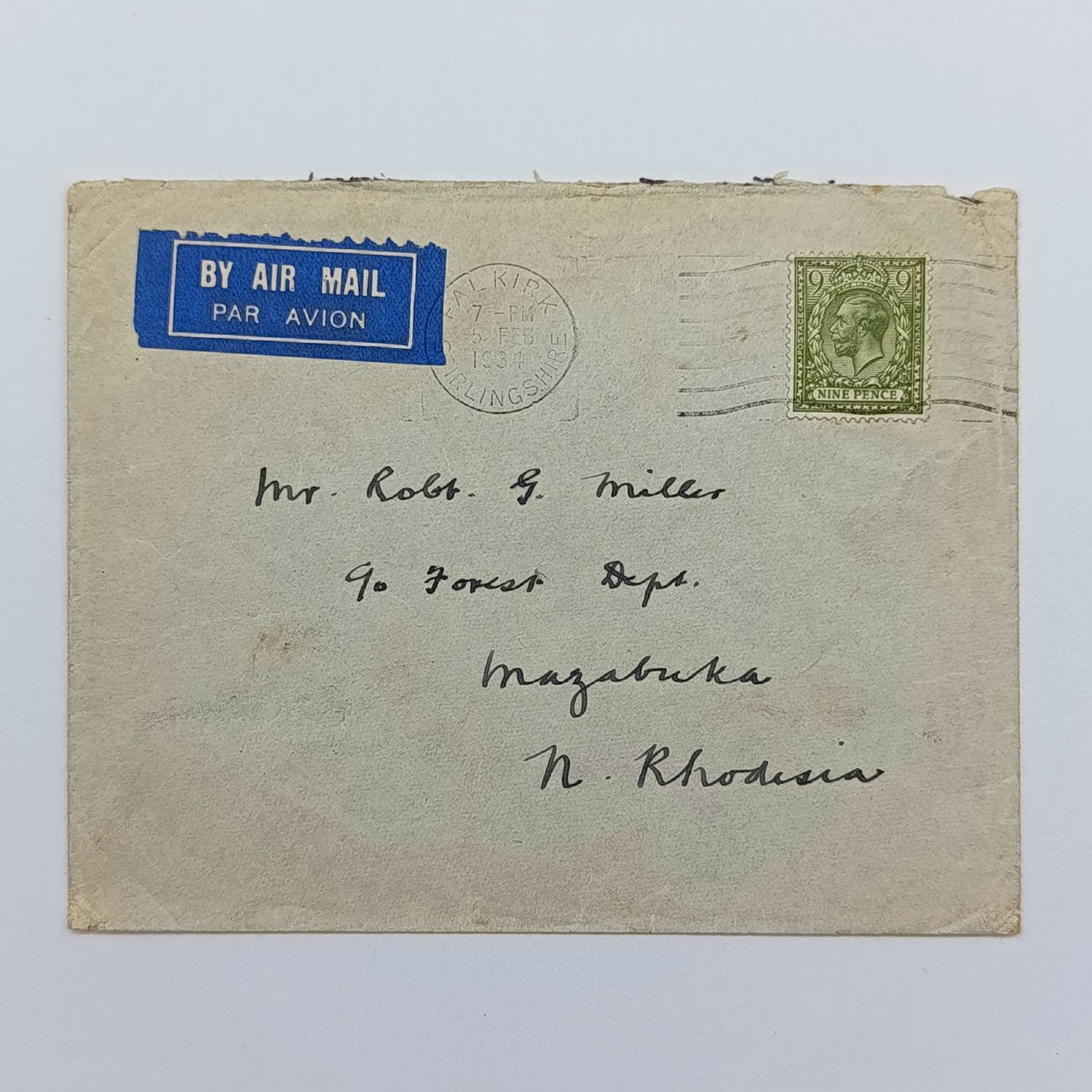 Airmail Cover Falkick Great Britain to Mazabuka Northern Rhodesia 6 Feb 1934 via Broken Hill with blue airmail label