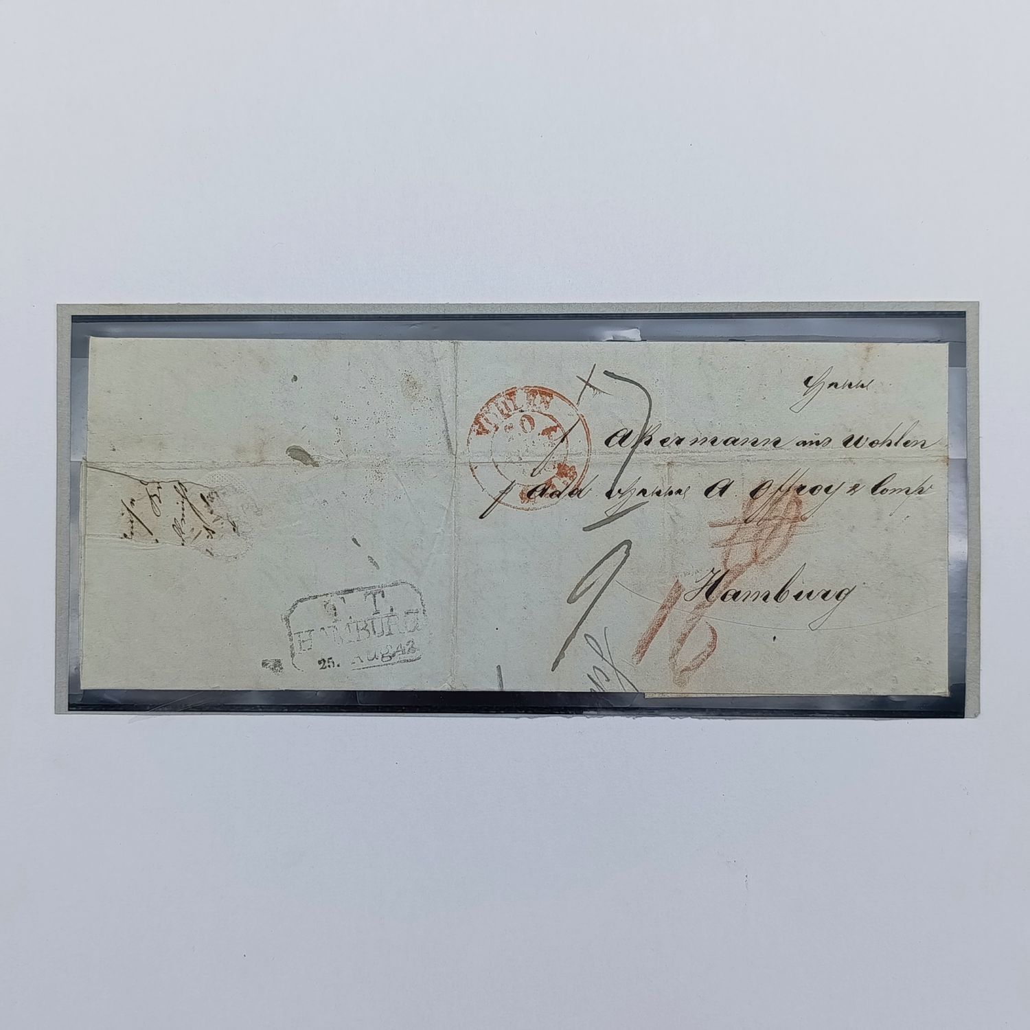 1842 Letter from Wohlen (Switzerland) to Hamburg - various postal marks and rubber stamps