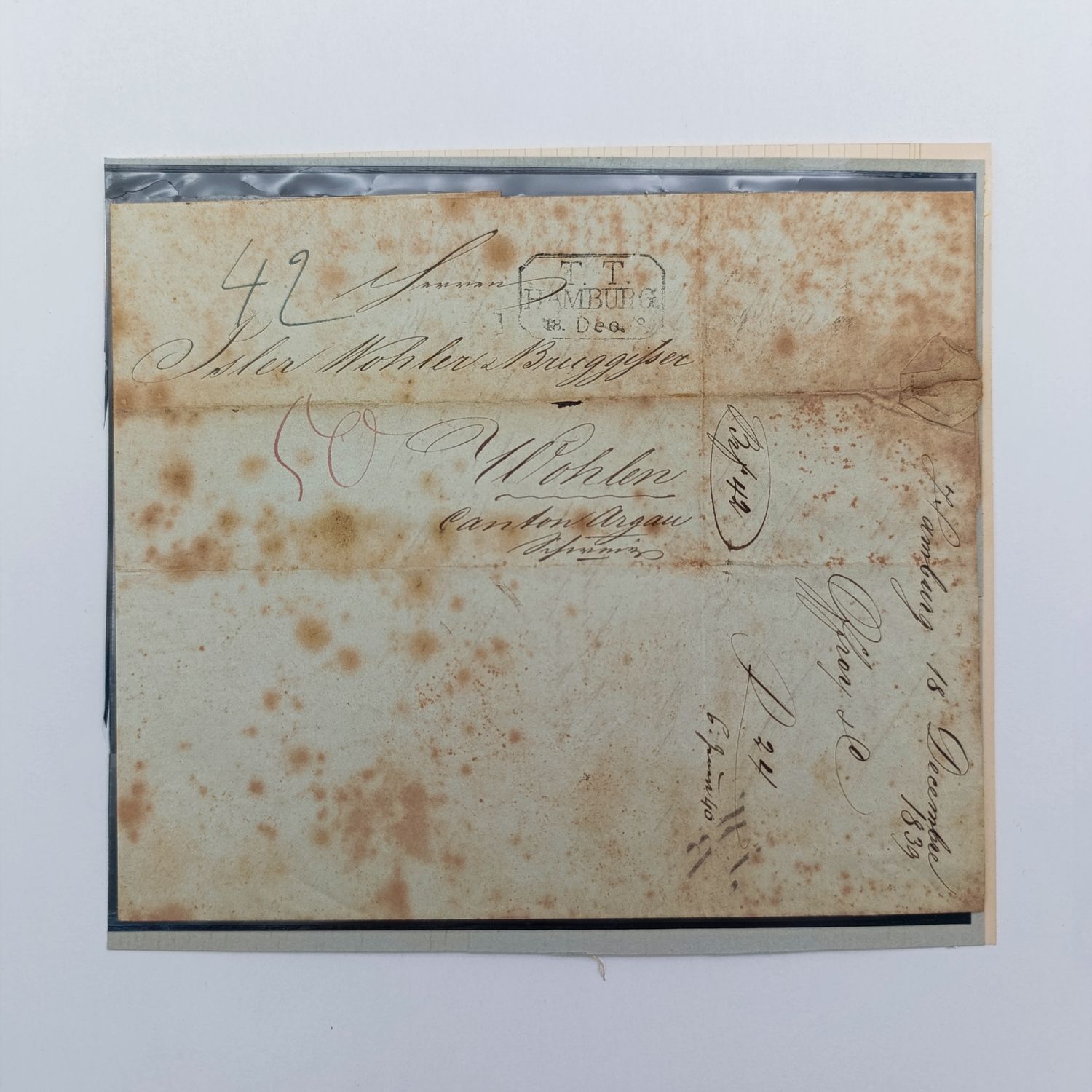 1839 Letter from Hamburg to Wohlen (Switzerland) forwarded through the Thurn &amp; Taxi&#39;s postal administration in Hamburg
