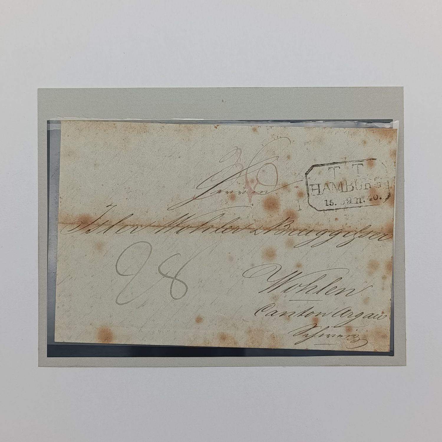 1840 Letter from Hamburg to Wohlen (Switzerland)  forwarded through the Thurn &amp; Taxi&#39;s postal administration in Hamburg
