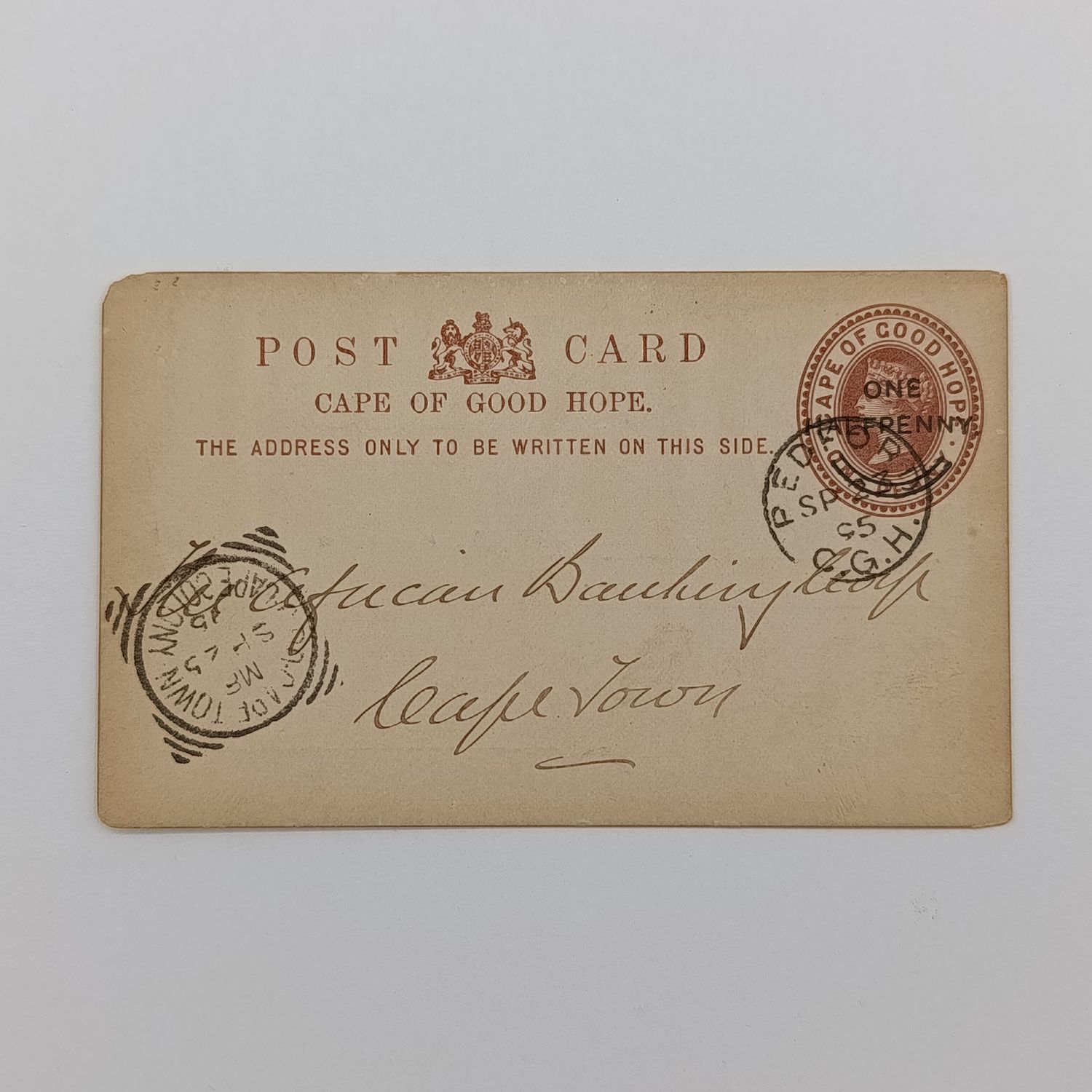 1895 Postcard sent from Bedford (Cape of Good Hope) to Cape Town - Bedford cancellation presents as Pedford - with one penny prepaid postage overprinted One Halfpenny - Standard Bank acknowledgement