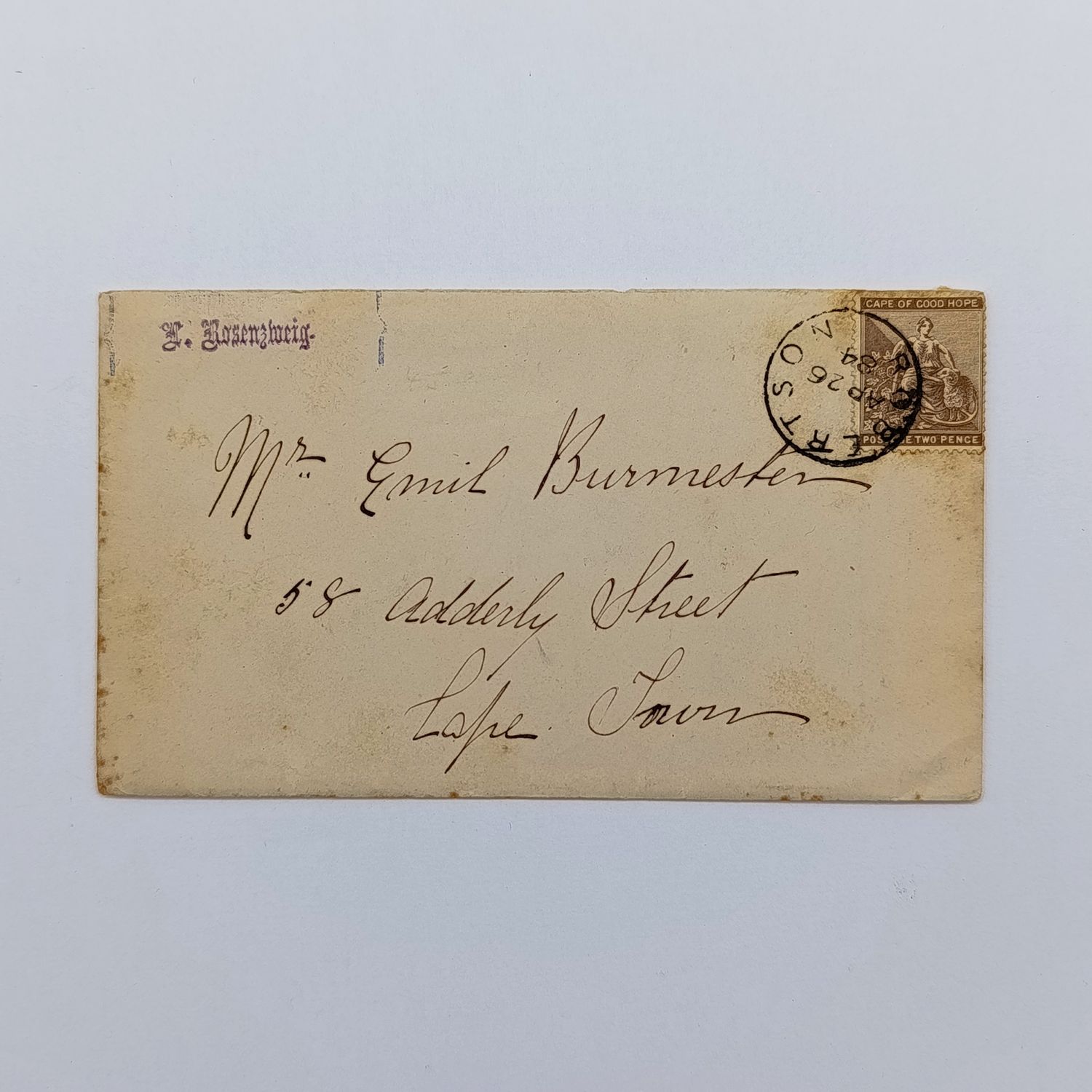 1884 Letter - Robertson to Cape Town sent by L Rosenzweig to E Burmeister - with Cape of Good Hope Two pence stamp and letter included - Robertson &amp; Cape Town cancels