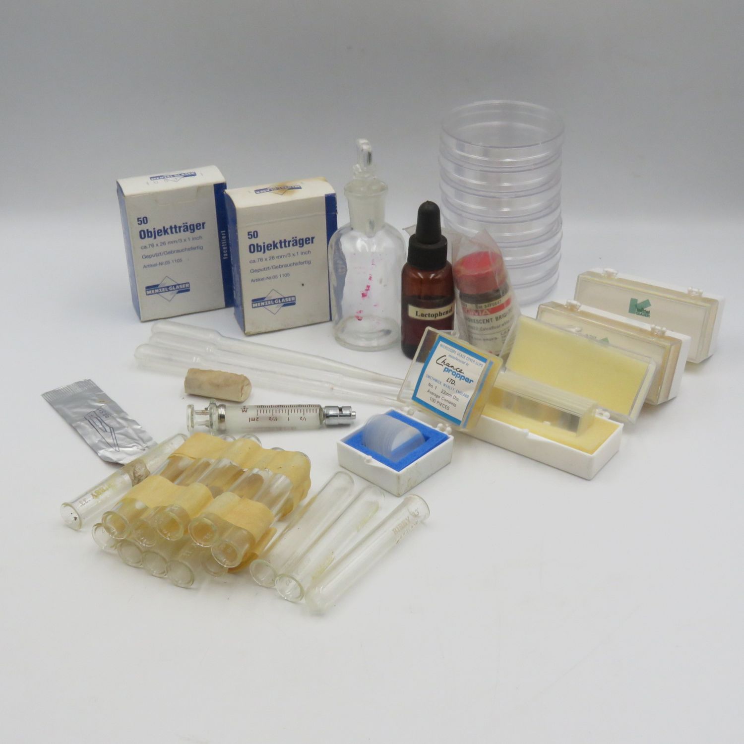 Lot of lab equipment including box of objective and deck glasses - also glass injection and bottle.