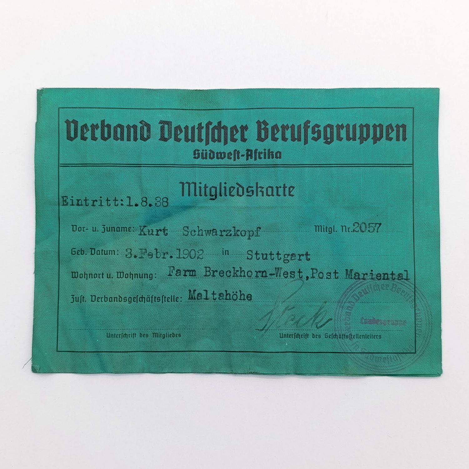 South West Africa Association of German professionals 1938/1939 membership card with Nazi token - Issued to Kurt Schwarzkopf Maltahohe area