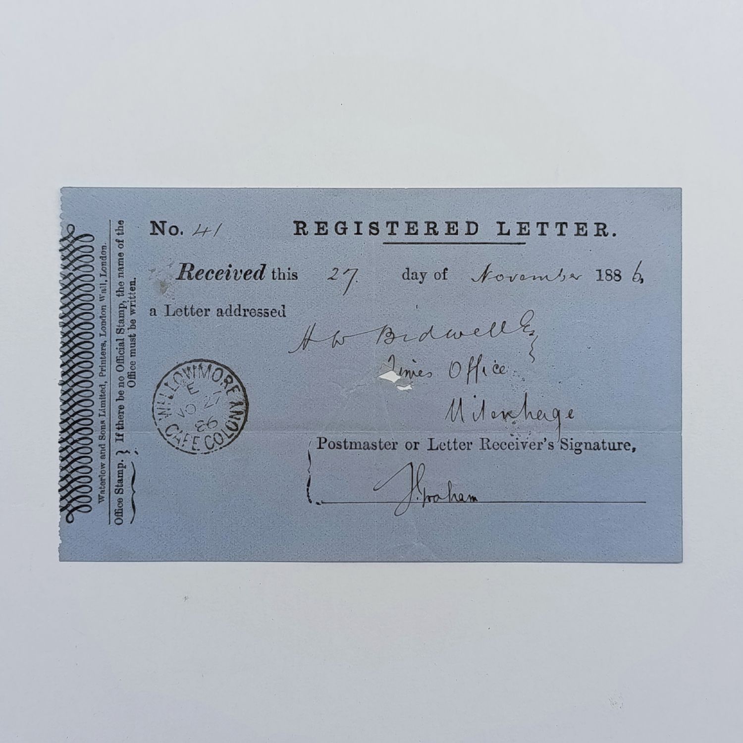 1886 Registered letter receipt - Willowmore to Uitenhage, signed by Postmaster