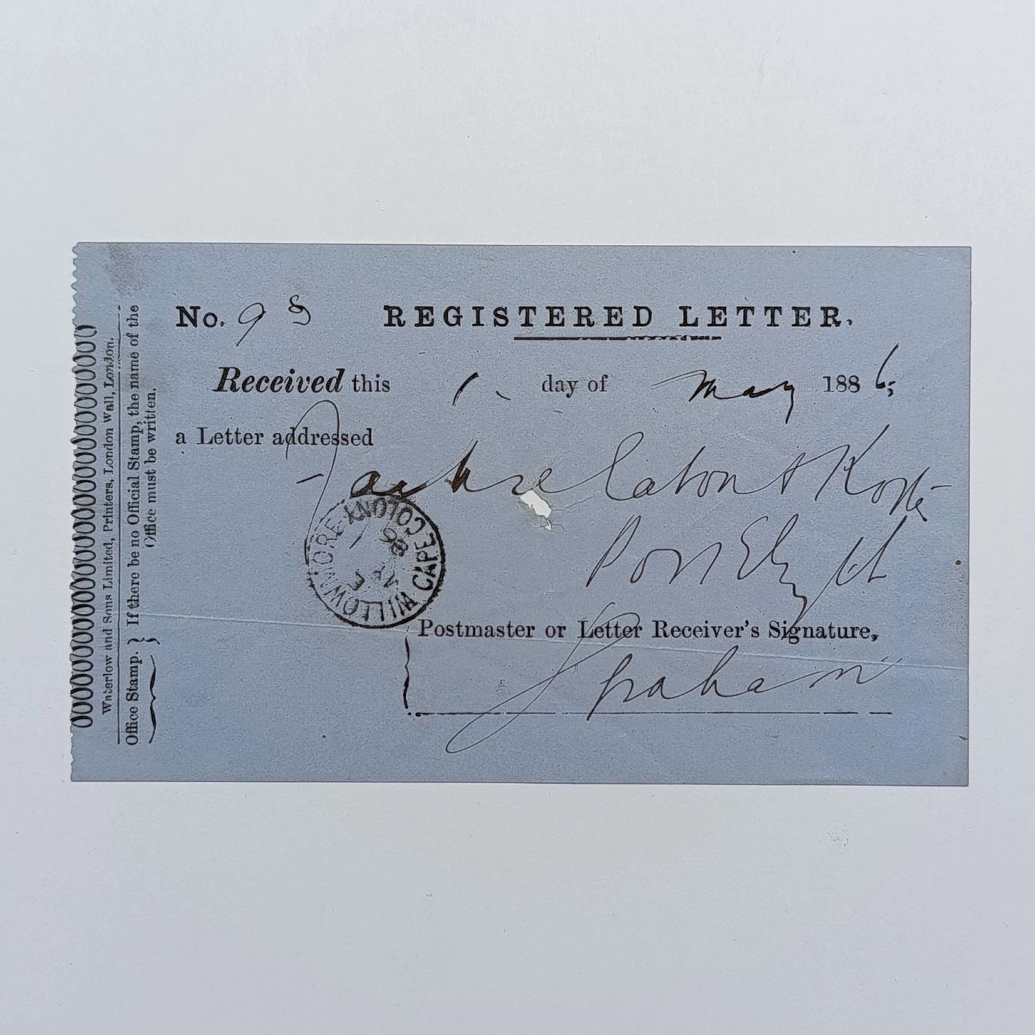 1886 Registered letter receipt, sent from Willowmore to Port Elizabeth and signed by receiving postmaster