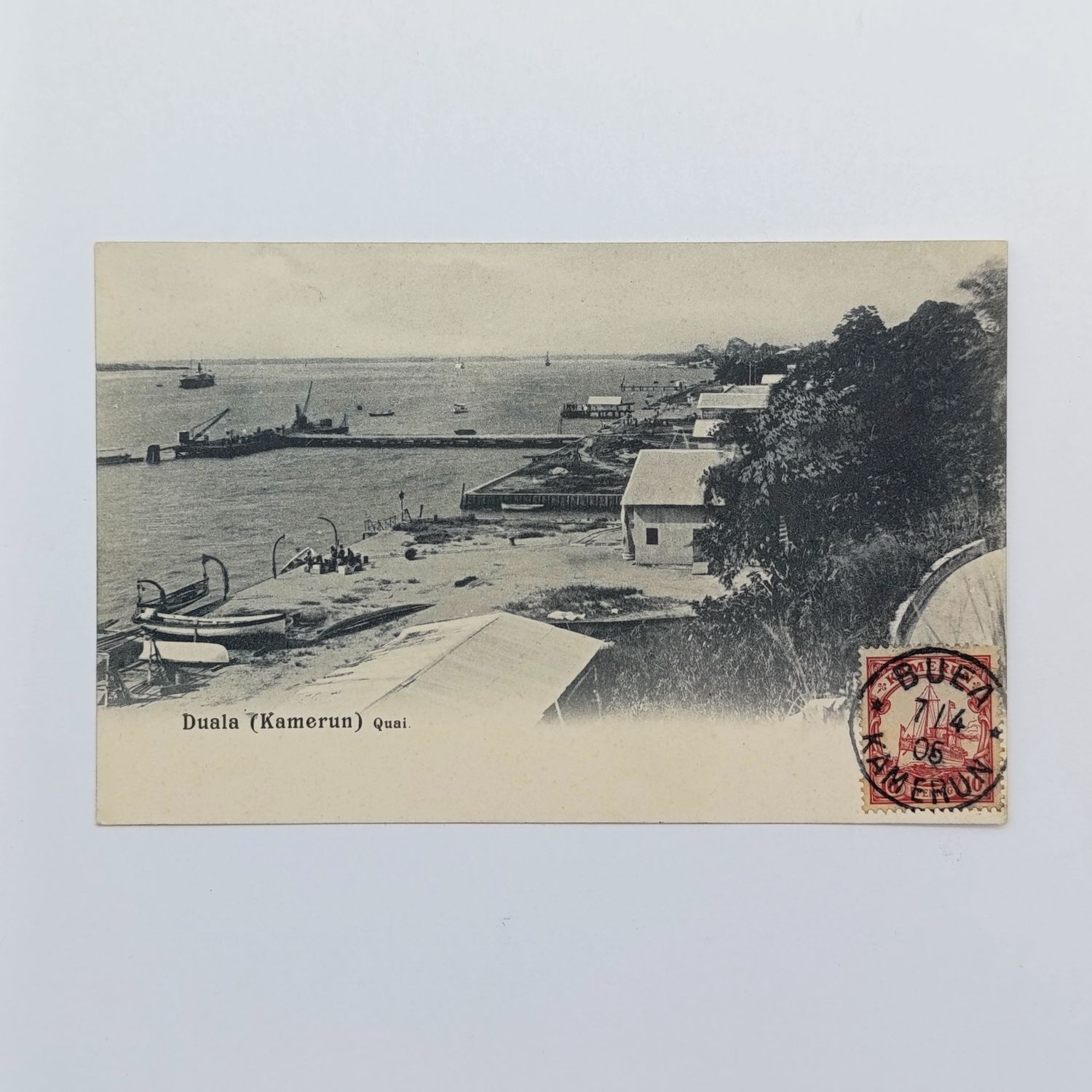 Postcard from Buea Kamerun to Oskarstrom, Sweden 7 April 1905 with cancelled Kamerun stamp - Picture of Duala Harbour
