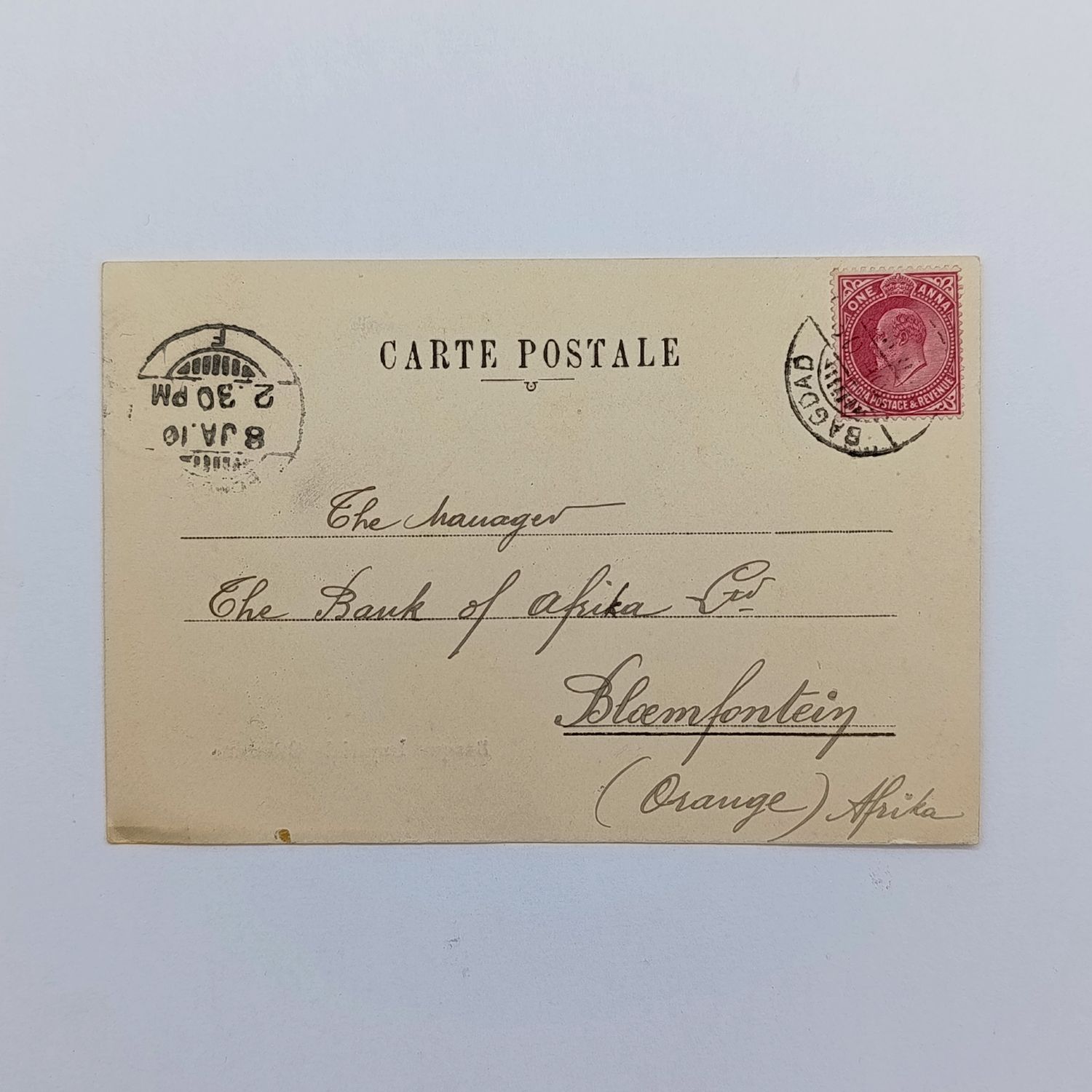 Postcard from Bagdad Iraq to Bloemfontein, South Africa (pre union) posted 8 Jan 1910 with India one Anna stamp used in Iraq