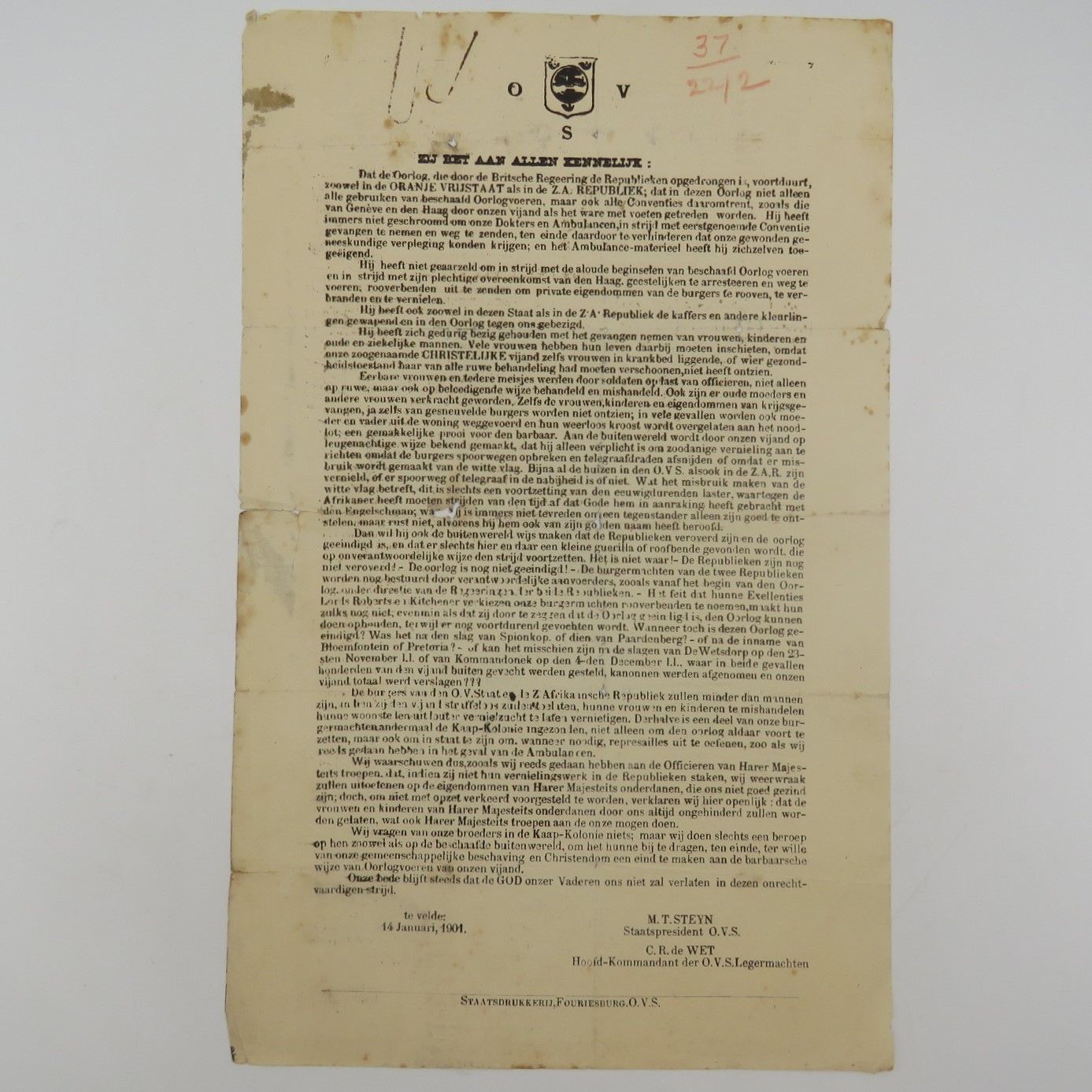 Orange Free State information pamphlet. Issued Te Velde 14 January 1901 by M. T. Steyn (President of Orange Free State) and C. R. de Wet