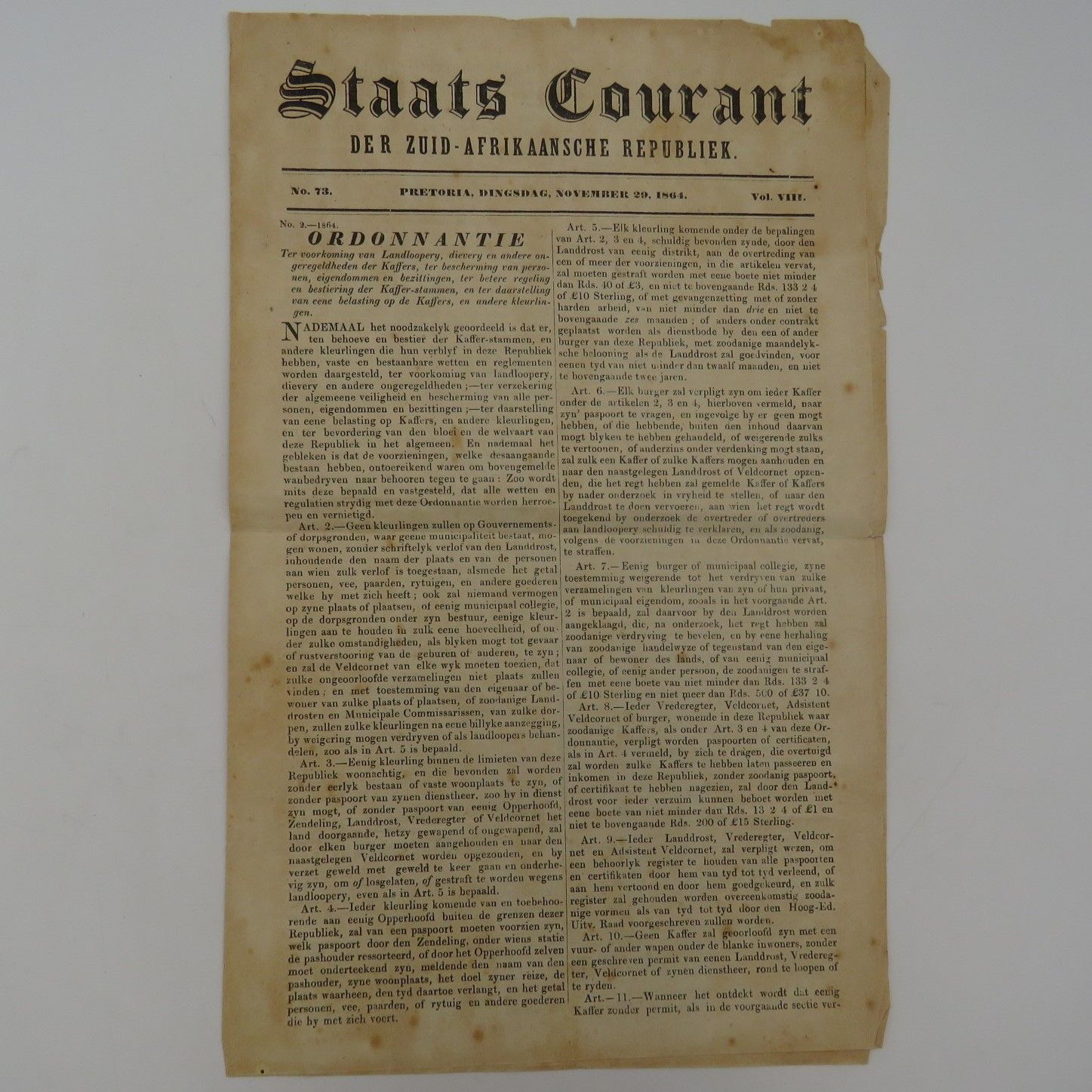 Boer war Africana   Pretoria Staats Courant 29 November 1864 - with ruling on black and coloured people and tribes and the creation of a tax on &quot;Kaffers&quot; - Probably one of the first apartheid document