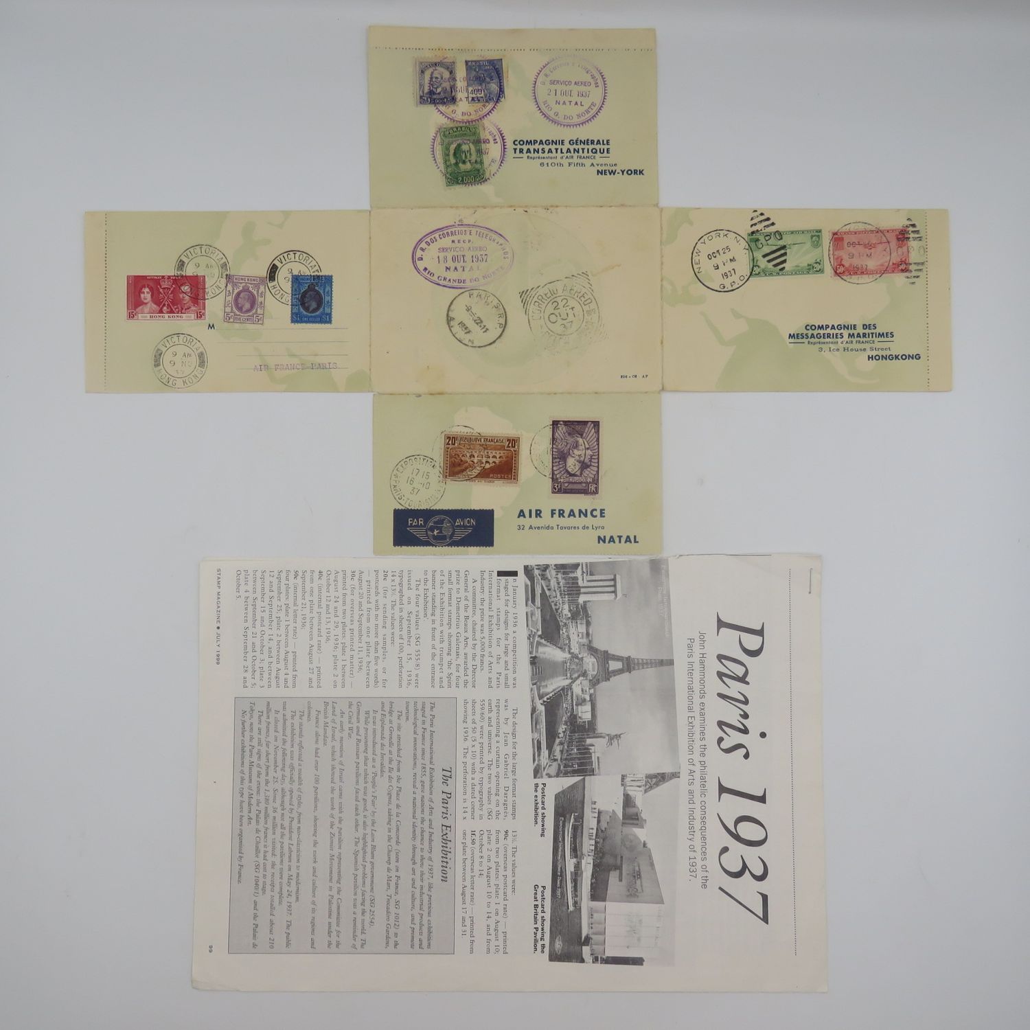 Special sheet carried on Air France around the world flight - 16 to 21 October 1937 - Paris International Exhibition of Arts and Industry