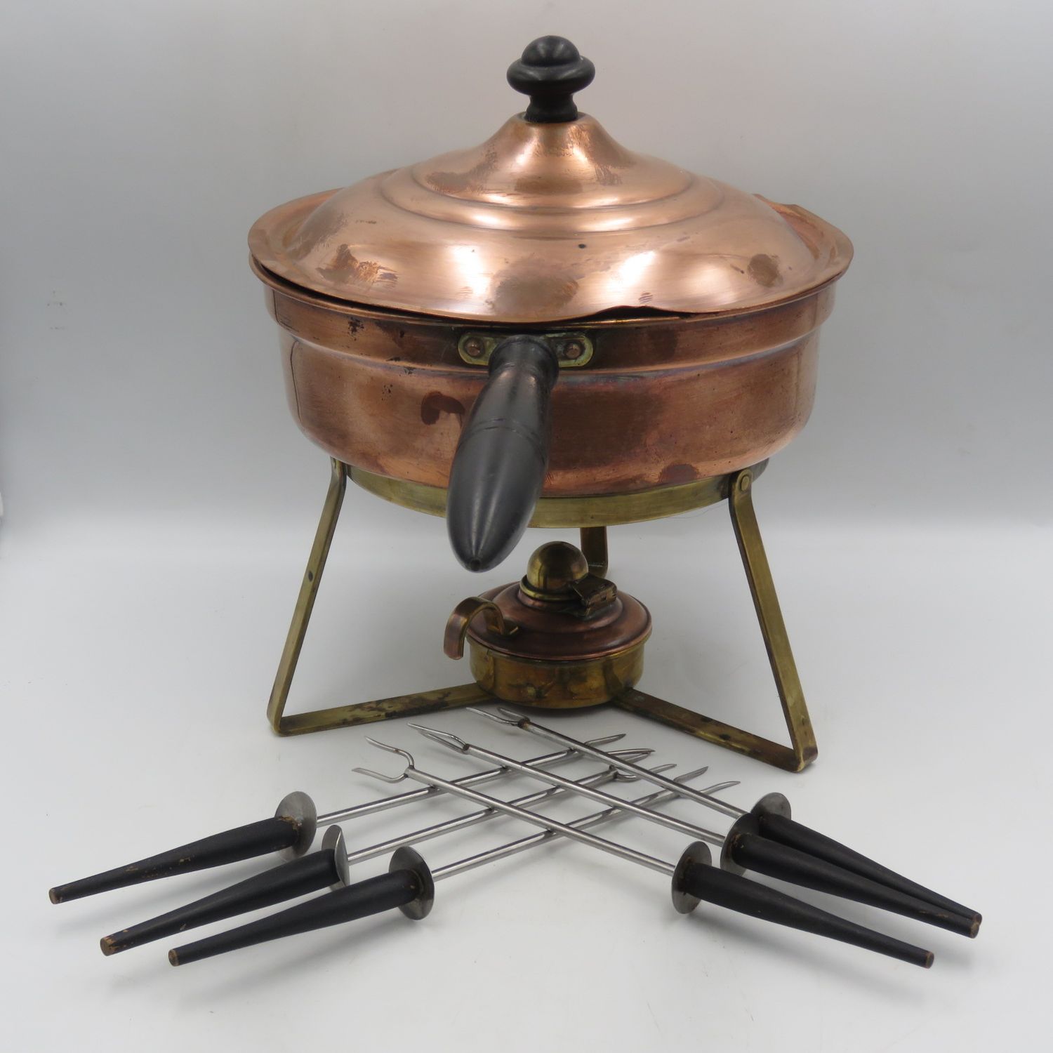 Vintage copper and brass fondue set with 6 forks