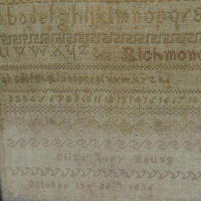 Antique Embroidery sampler of Eliza Mary Young 26 October 1834 in frame - no glass on frame