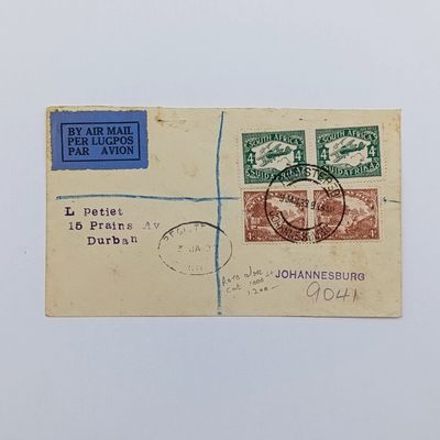 Registered airmail cover flown from Johannesburg to Durban 3 Jan 1933 with SACC 40 and SACC 47 (roto) pairs