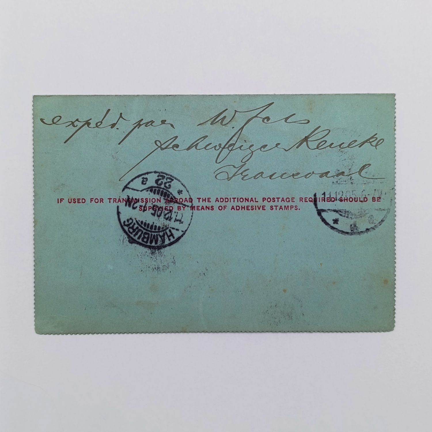 Letter card from Schweizen Reneke (Transvaal) to Hamburg Germany 16 Nov 1905 with 1d Transvaal stamp uprated from 1d to 2d