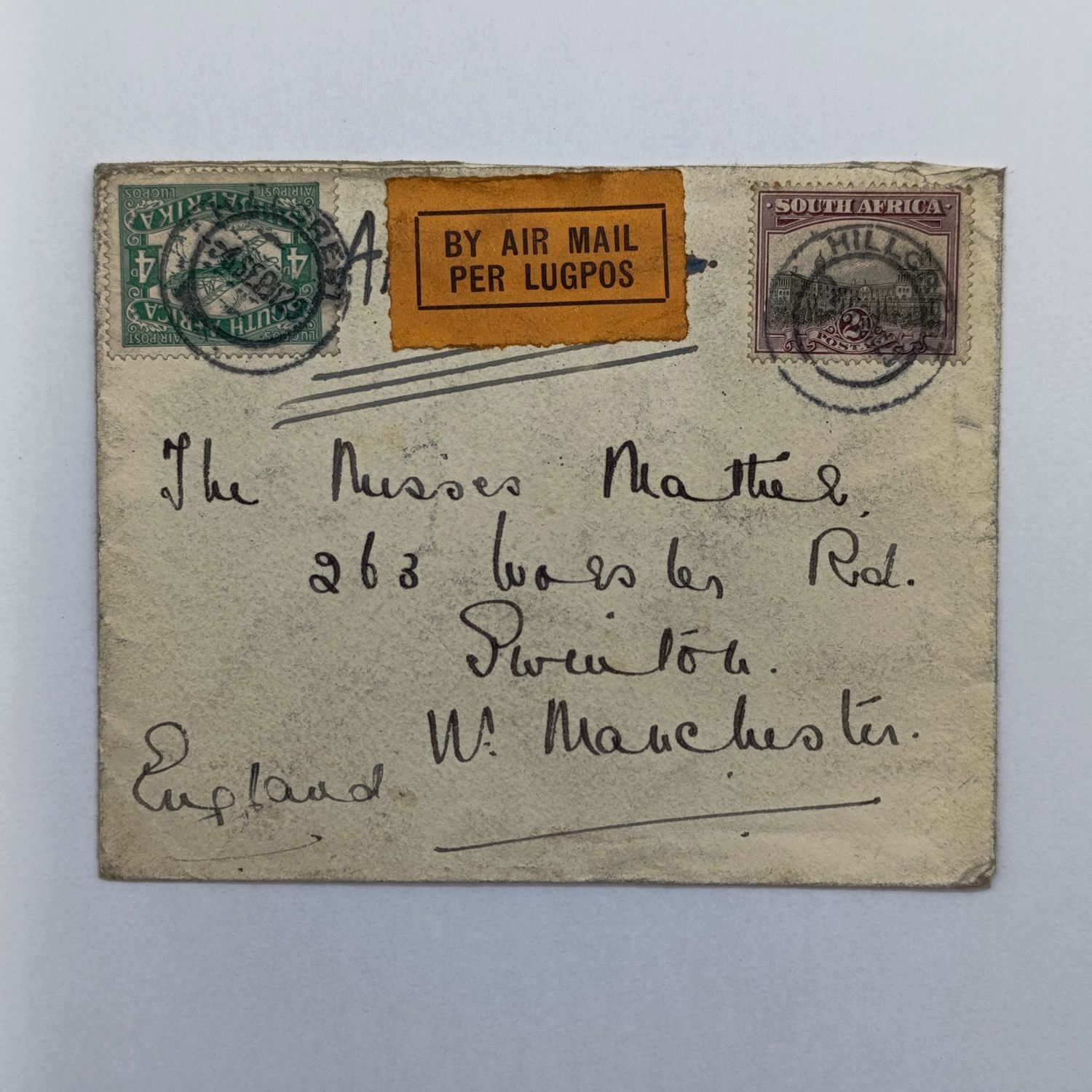 Airmail Cover Hillcrest South Africa to Manchester England with SACC stamps cancelled Hillcrest Sept 1929 - also yellow airmail label