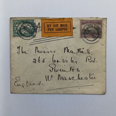 Airmail Cover Hillcrest South Africa to Manchester England with SACC stamps cancelled Hillcrest Sept 1929 - also yellow airmail label