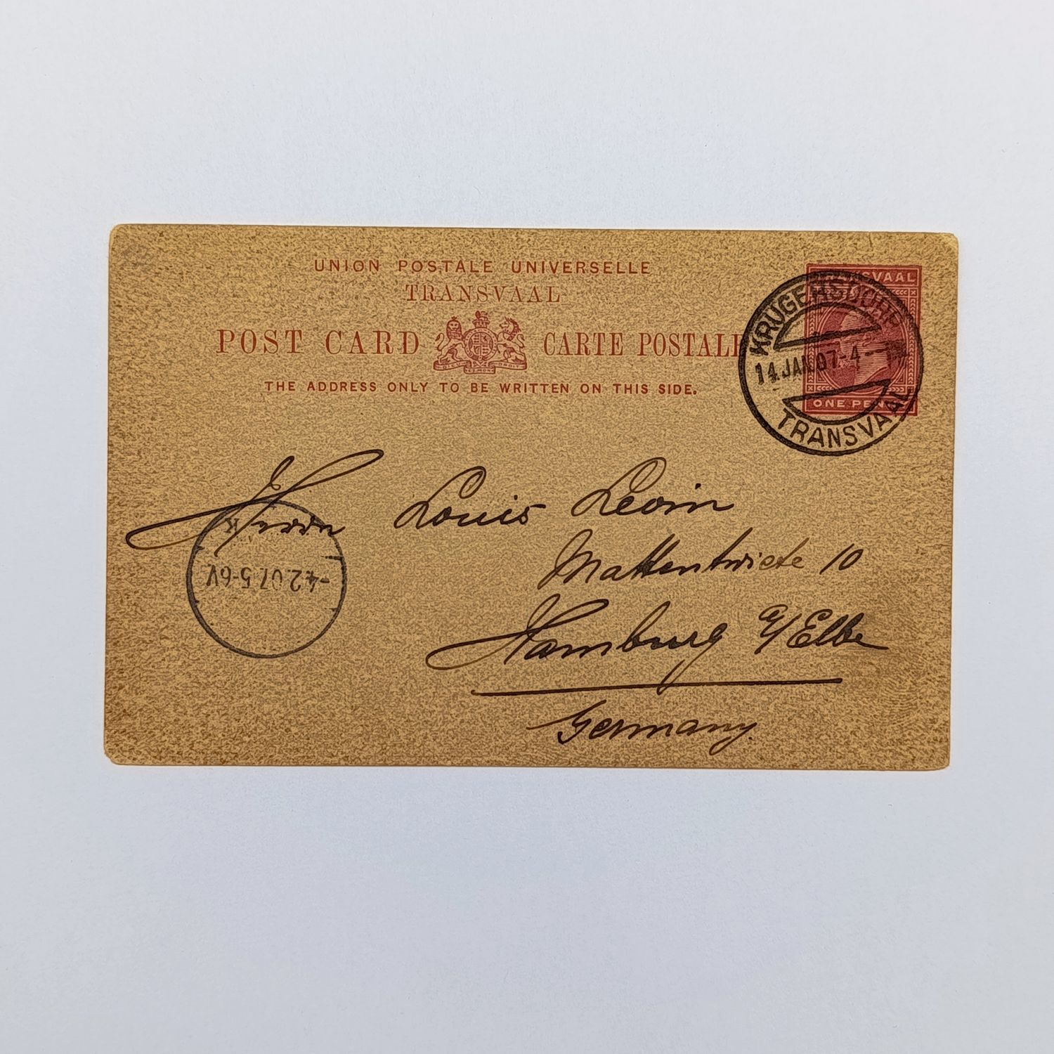 Postcard from Krugersdorp Transvaal to Hamburg Germany 14 January 1907 with preprinted Transvaal one penny stamp