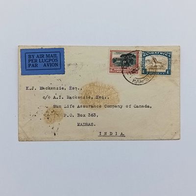 Airmail Cover 17 Nov 1932 Cape Town South Africa to Madras India with 2 South African stamps and blue airmail label - on Standard Bank Stationary