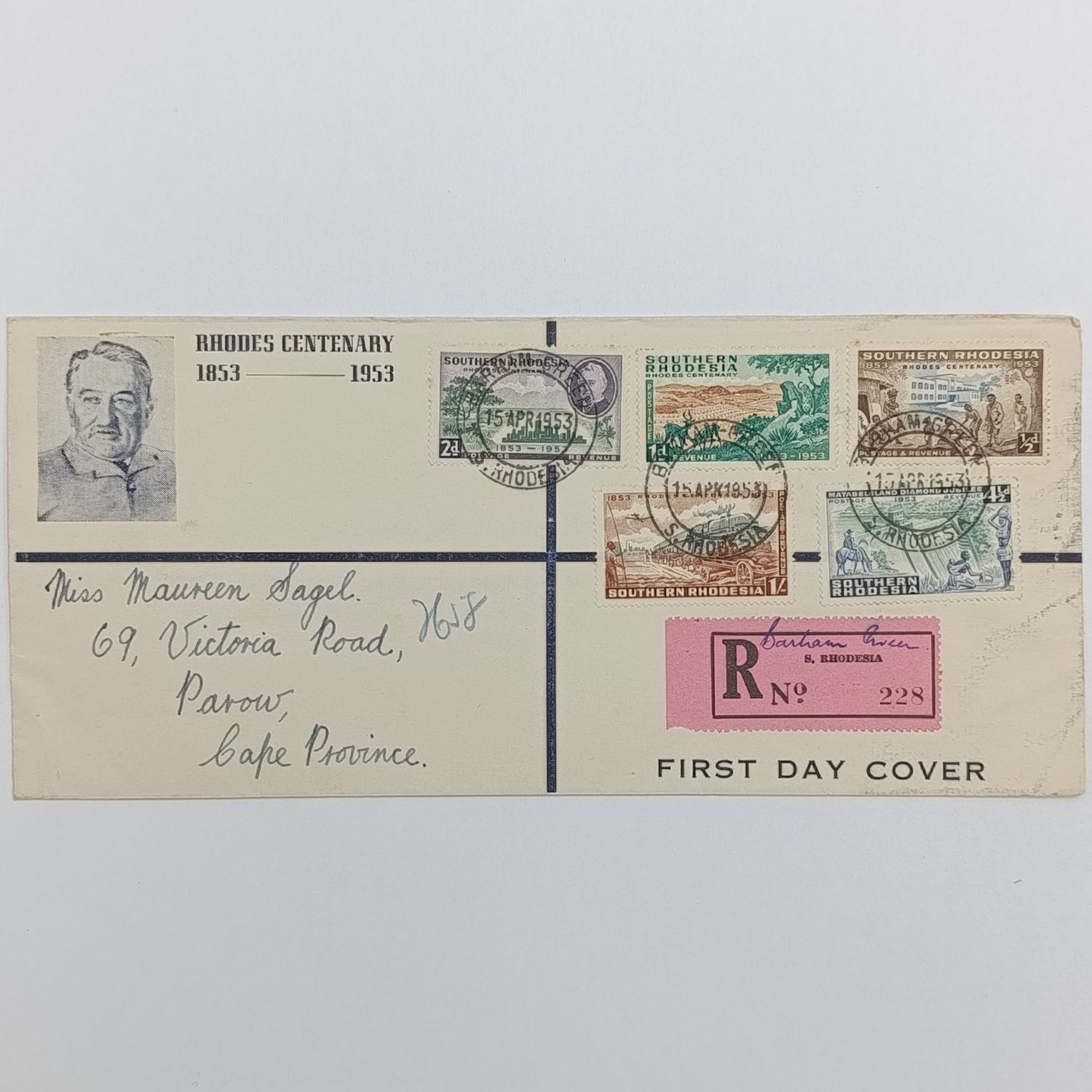 Southern Rhodesia SACC 73-77 on Rhodes Centenary FDC