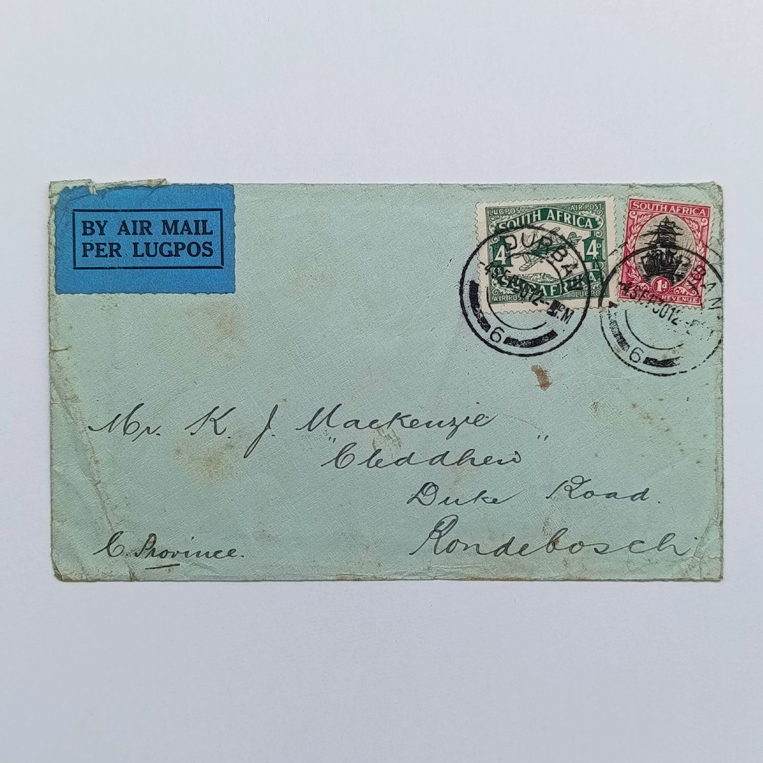 Airmail cover Durban to Rondebosch South Africa 4 Sept 1930 with blue airmail label backstamped Theatre Royal Durban
