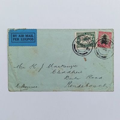 Airmail cover Durban to Rondebosch South Africa 4 Sept 1930 with blue airmail label backstamped Theatre Royal Durban