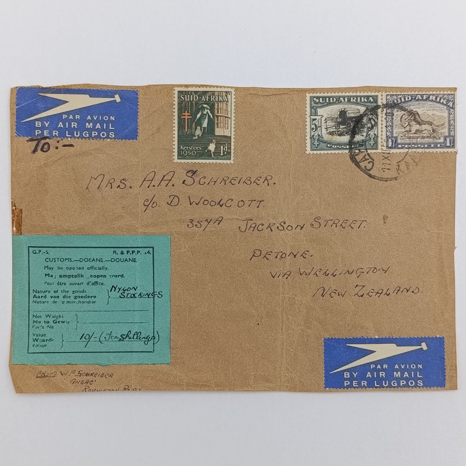 Airmail Front Cape Town South Africa to Petone New Zealand via WELLINGTON - with 2 airmail labels and customs label - 11-12-1950 cancellation plus 1950 Christmas Stamp