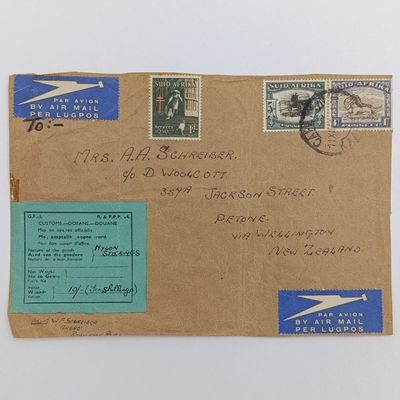 Airmail Front Cape Town South Africa to Petone New Zealand via WELLINGTON - with 2 airmail labels and customs label - 11-12-1950 cancellation plus 1950 Christmas Stamp