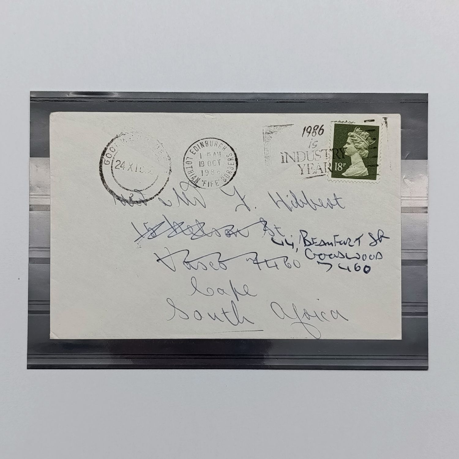 1986 Cover Edinburgh Scotland to Vasco South Africa, readressed to Goodwood with 18p British stamp