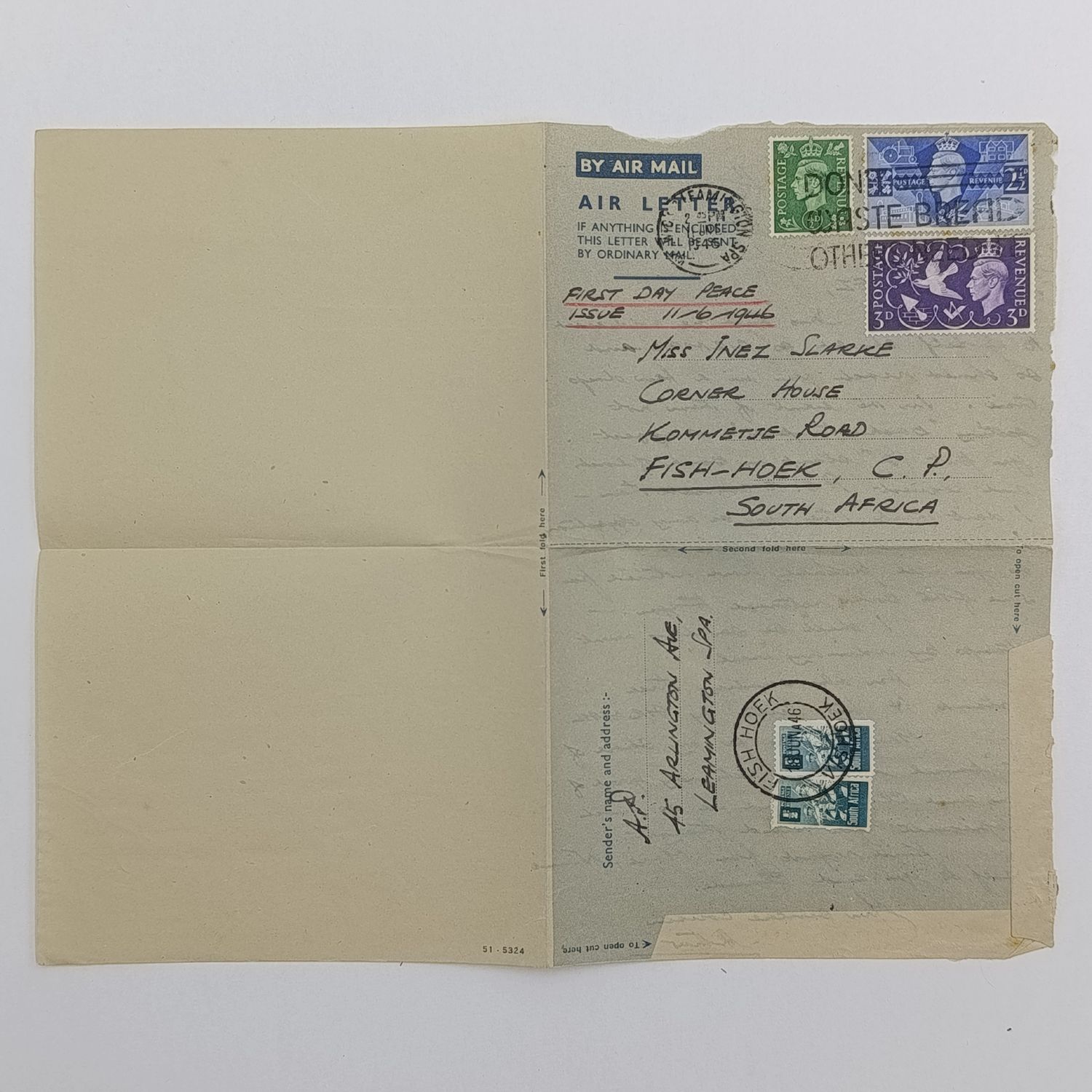 British First Day air mail peace cover 11 June 1946 England to South Africa - Warwick Leamington Spa cancel with 2 South African 1/2d stamps at the back cancelled Fish Hoek 18 June 46